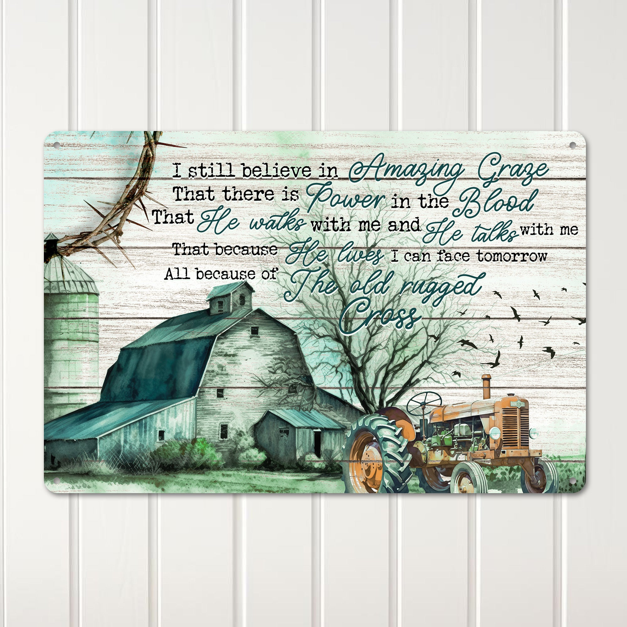 Personalized Farmhouse Metal Sign - Inspirational Christian Decor with Antique Tractor and Barn Scene - Image 3
