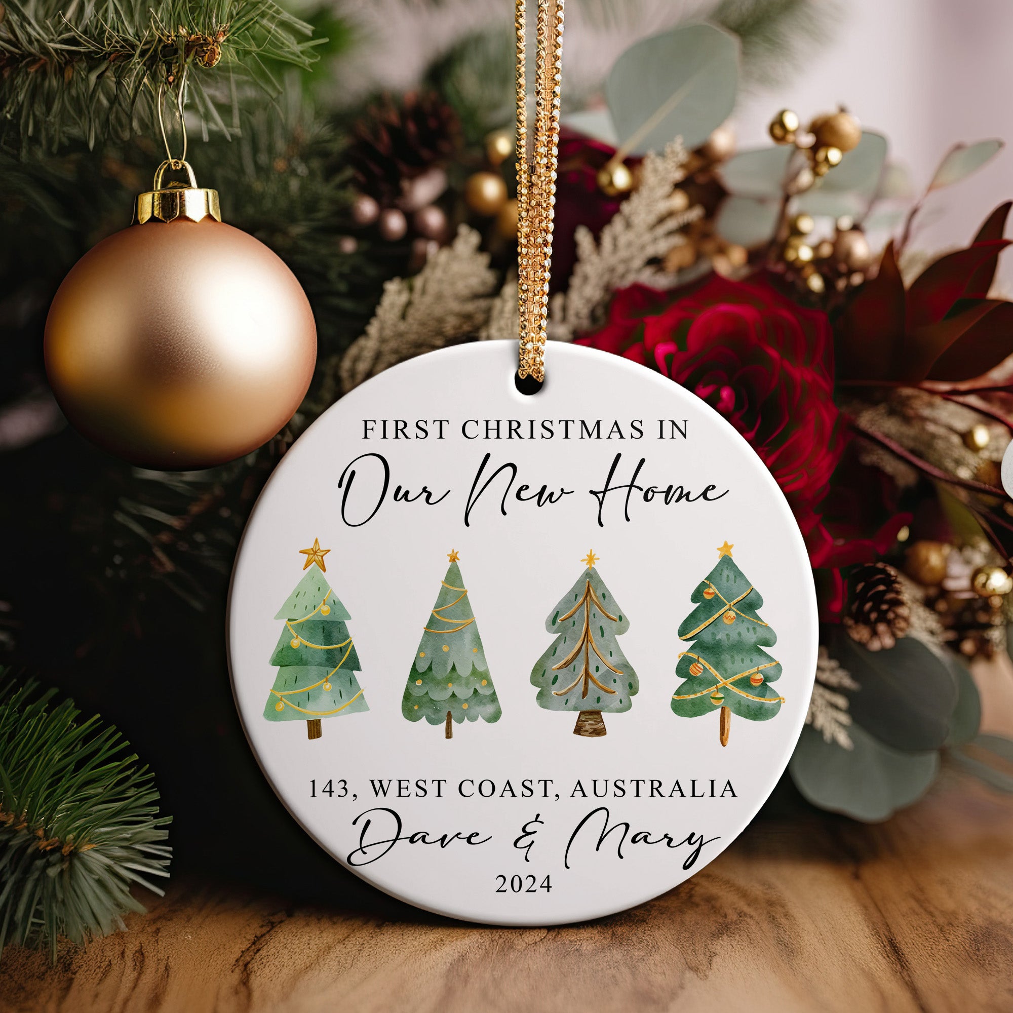 Personalized First Christmas in New Home Ceramic Ornament – Artistic Watercolor Design, Unique Gift, 2024 Edition - Image 2