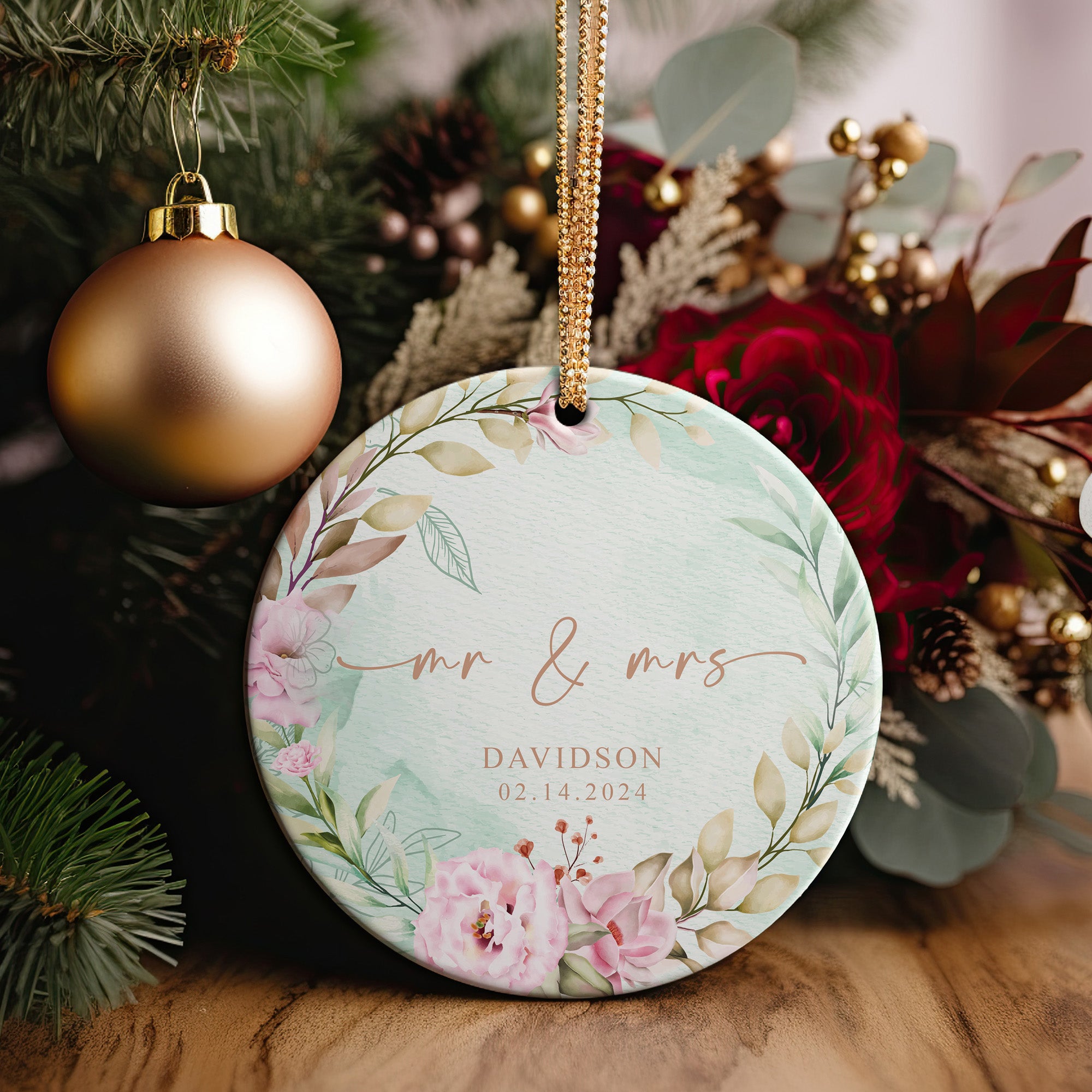 Personalized Floral Ceramic Ornament - Custom Wedding Keepsake with Elegant Floral Design - Perfect Valentine's Day Gift - Image 2