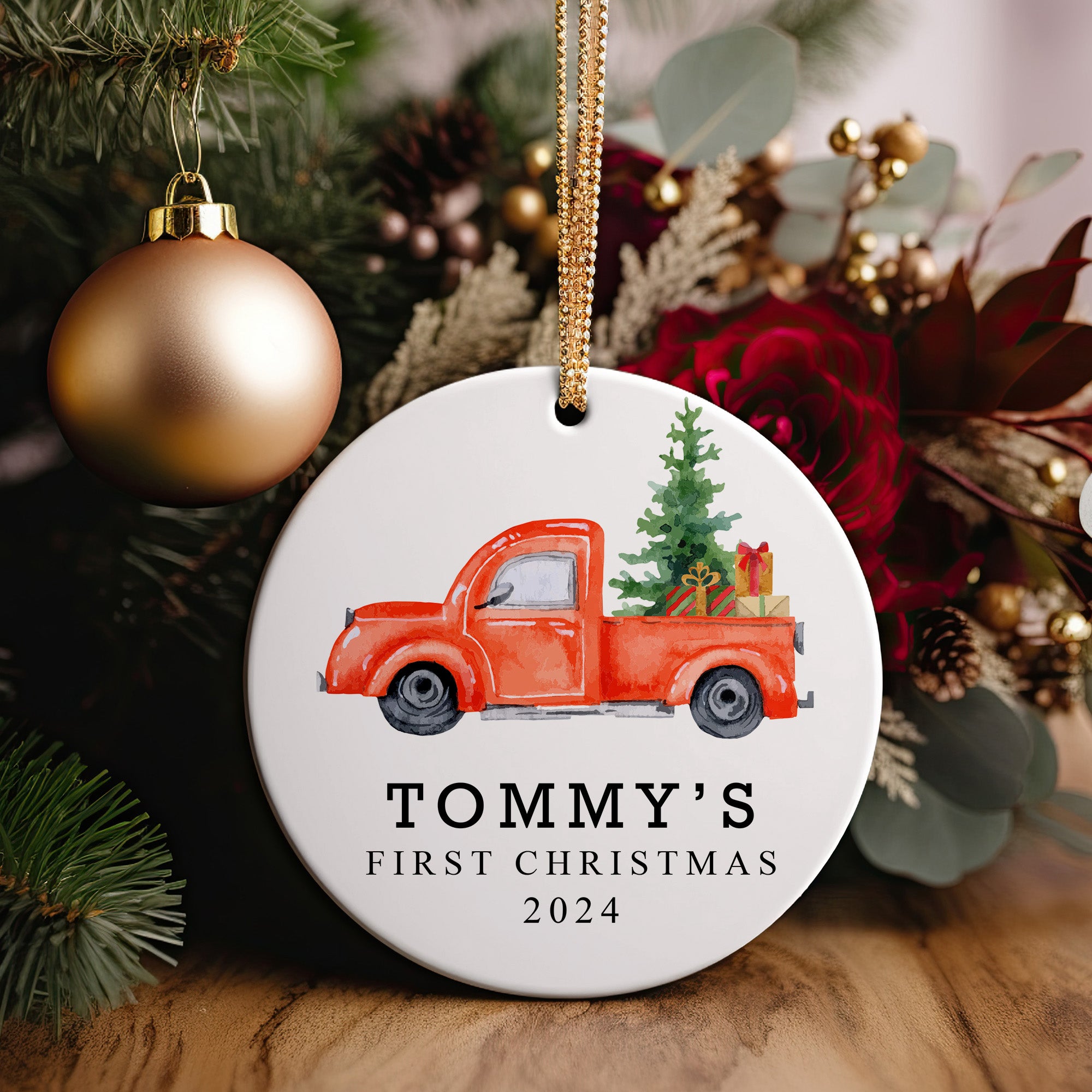 Personalized Baby's First Christmas 2024 Ceramic Ornament with Vintage Red Truck Design - Image 2