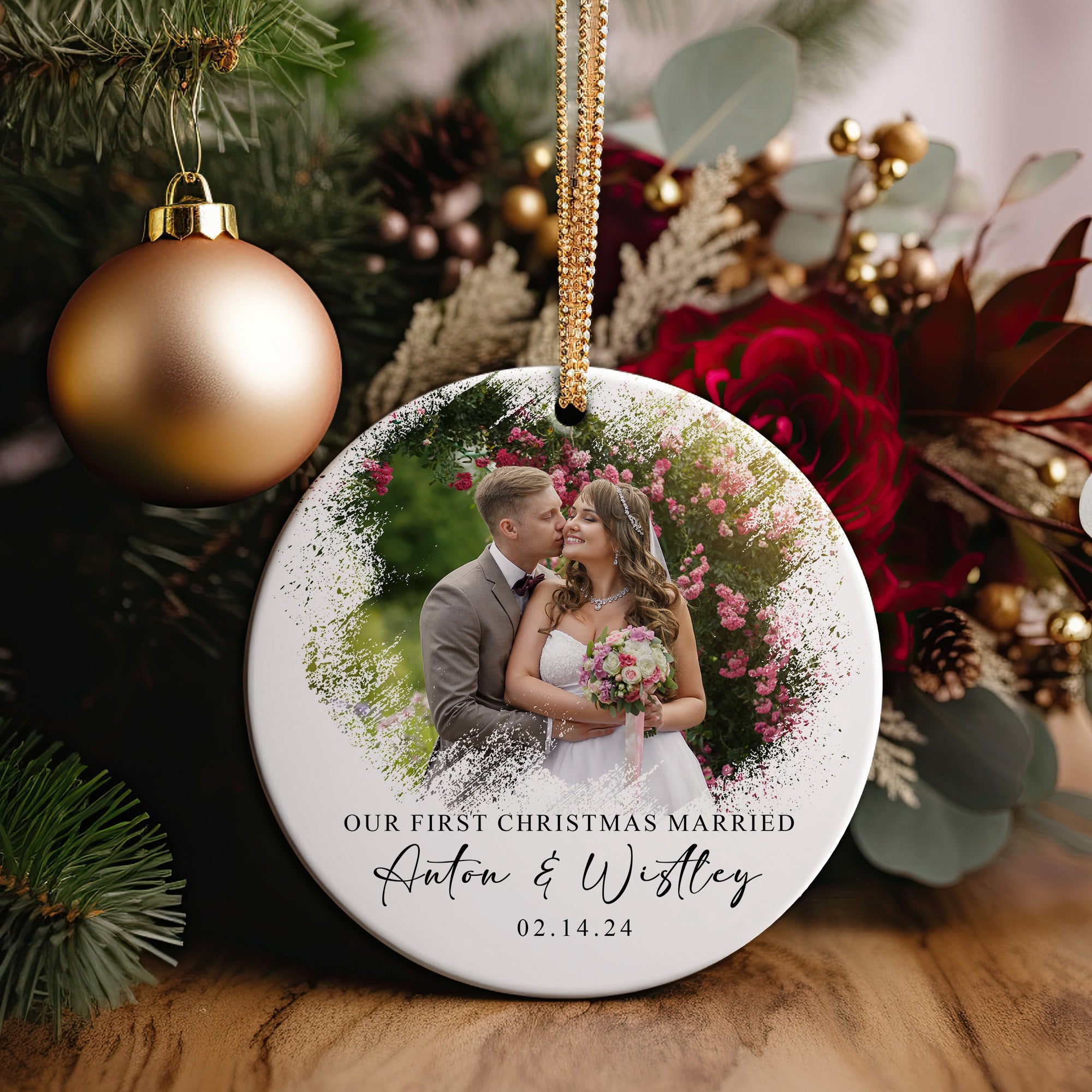 Personalized "Our First Christmas Married" Ceramic Ornament – Customizable Wedding Keepsake with Photo and Names - Image 2