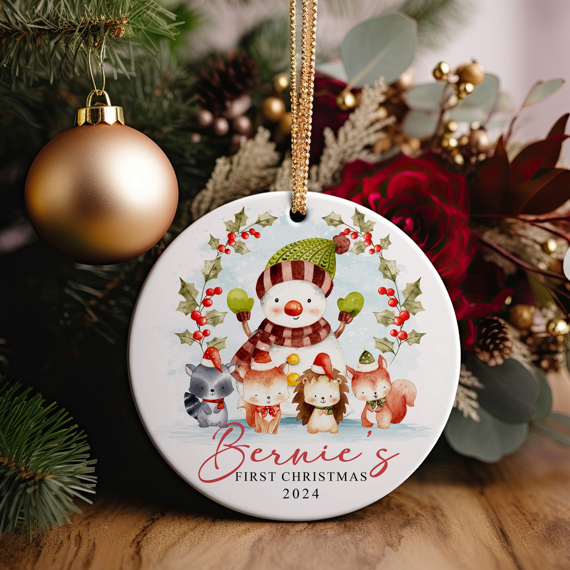 Personalized 2024 Ceramic Ornament - "Bernie's First Christmas" with Cute Woodland Animals and Snowman Design - Image 2