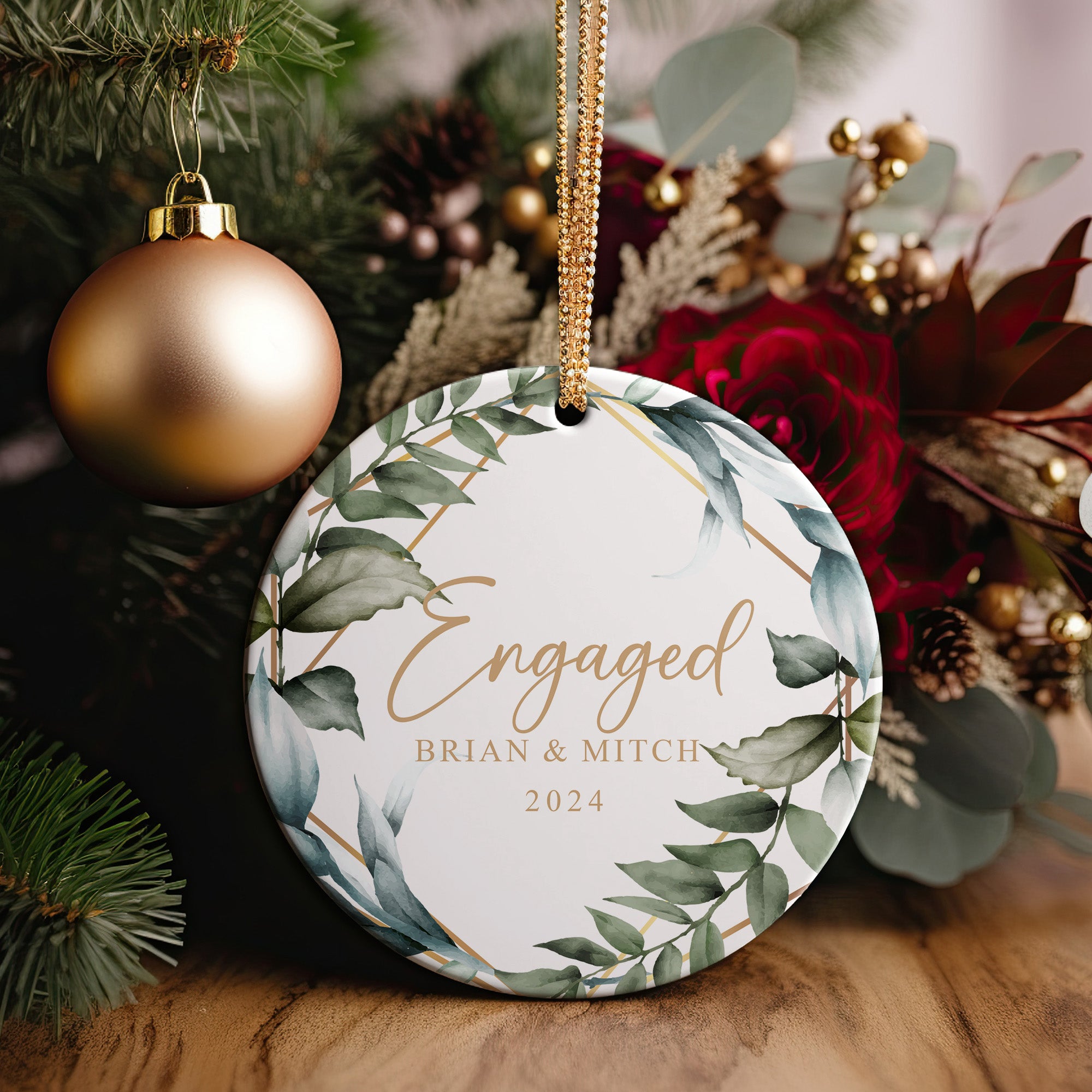 Personalized Engagement Ceramic Ornament - Elegant Greenery Design - Perfect Gift for Couples - Celebrate Love in 2024 - Image 2