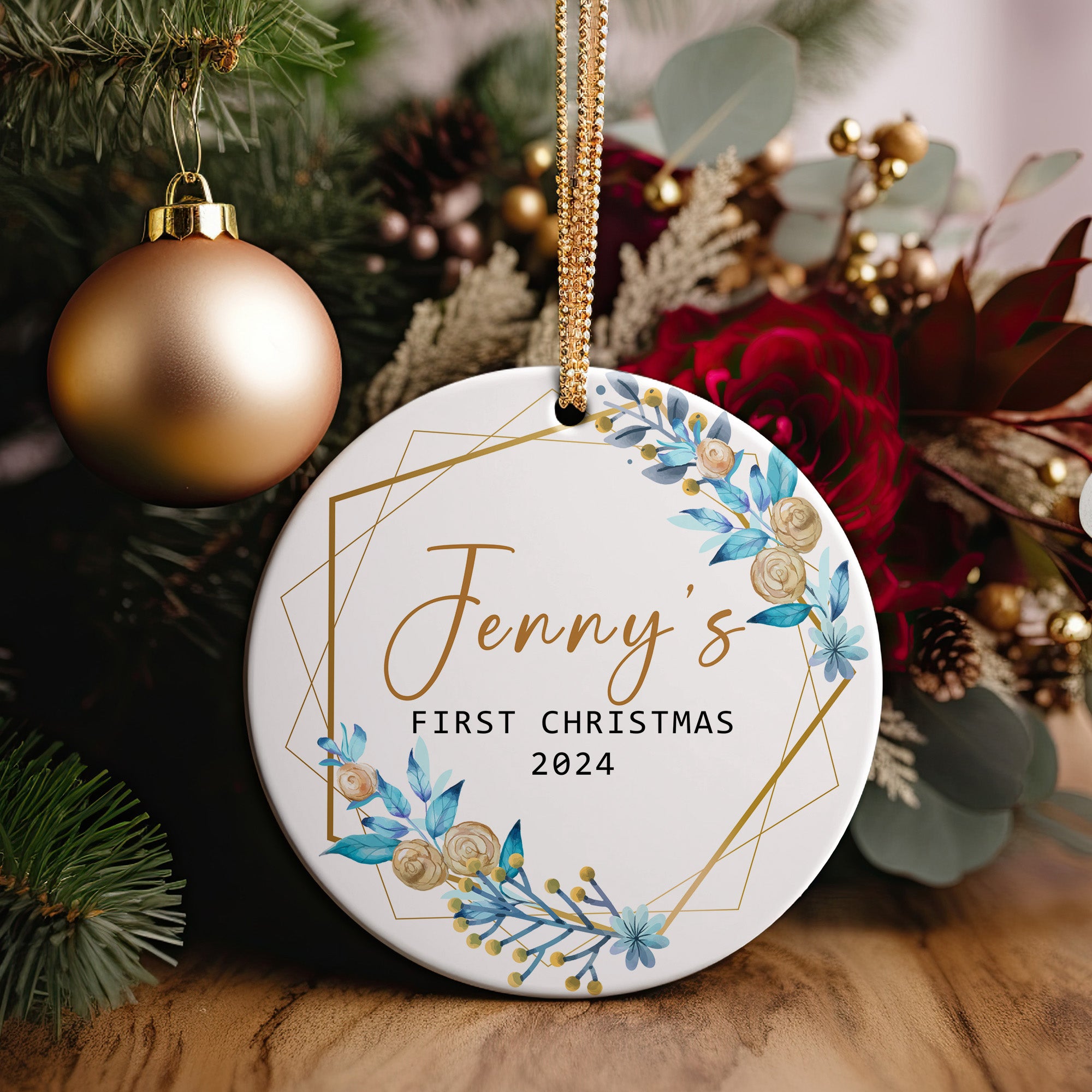 Personalized Baby's First Christmas Ornament - Premium Ceramic Keepsake with Elegant Floral Design - Image 2