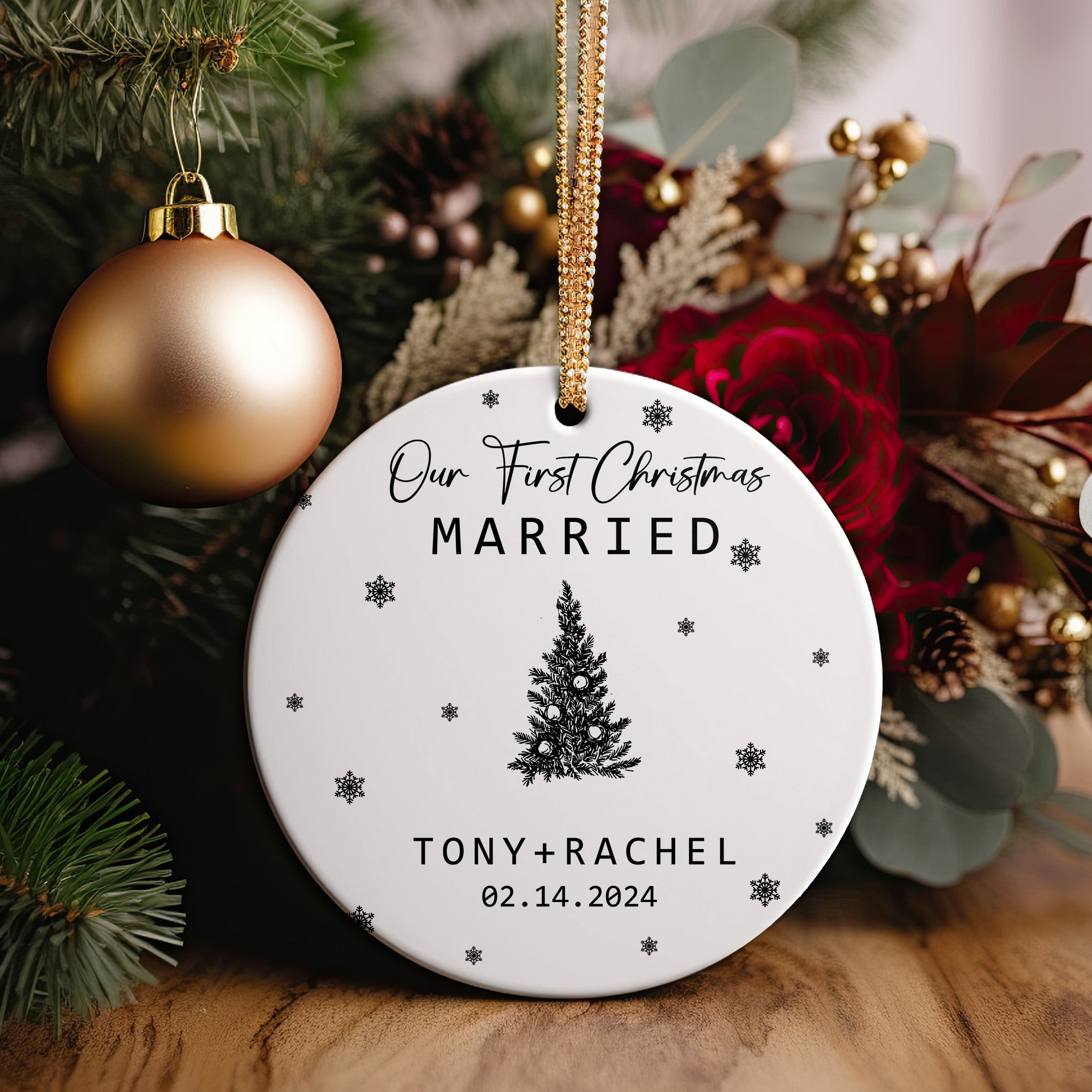 Personalized Ceramic "Our First Christmas Married" Ornament - Custom Names & Date Keepsake Gift for Couples - Image 2