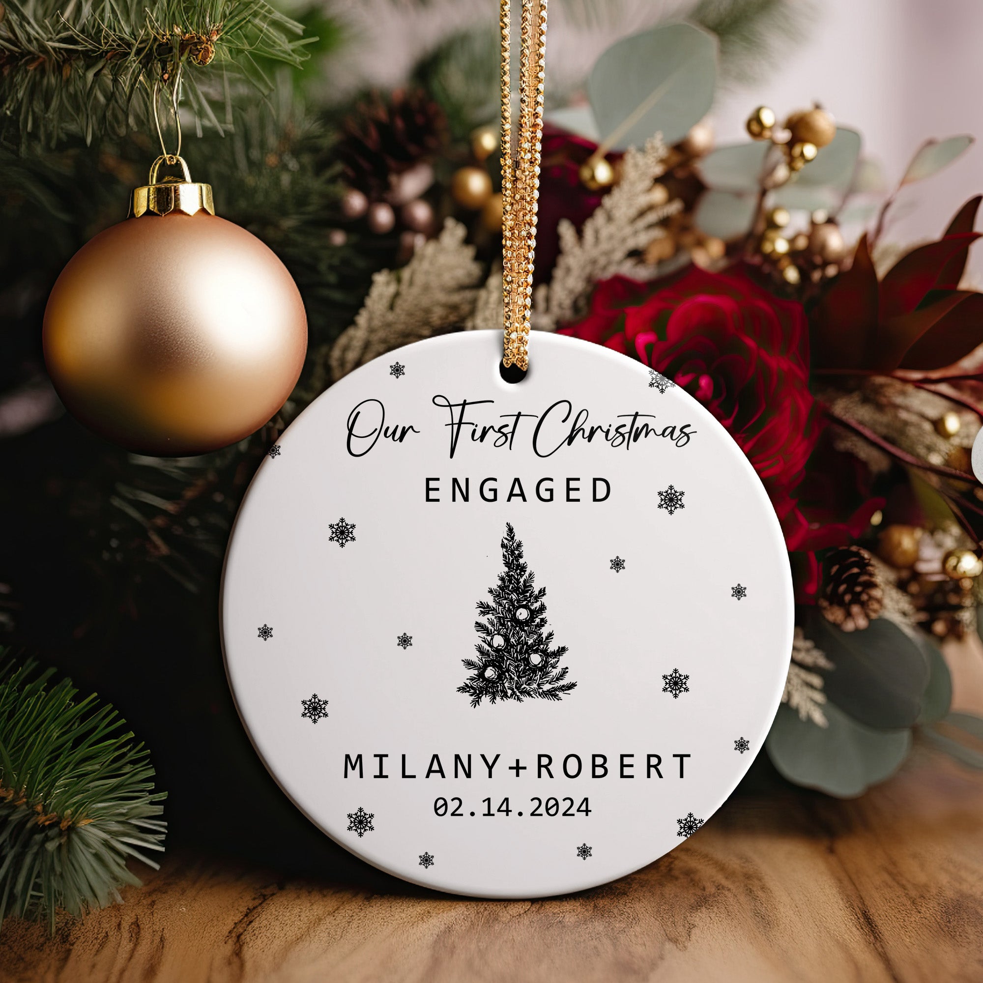 Personalized Our First Christmas Engaged Ornament - Custom Ceramic Keepsake for Couples - Elegant Holiday Decoration with Names & Date - Image 2