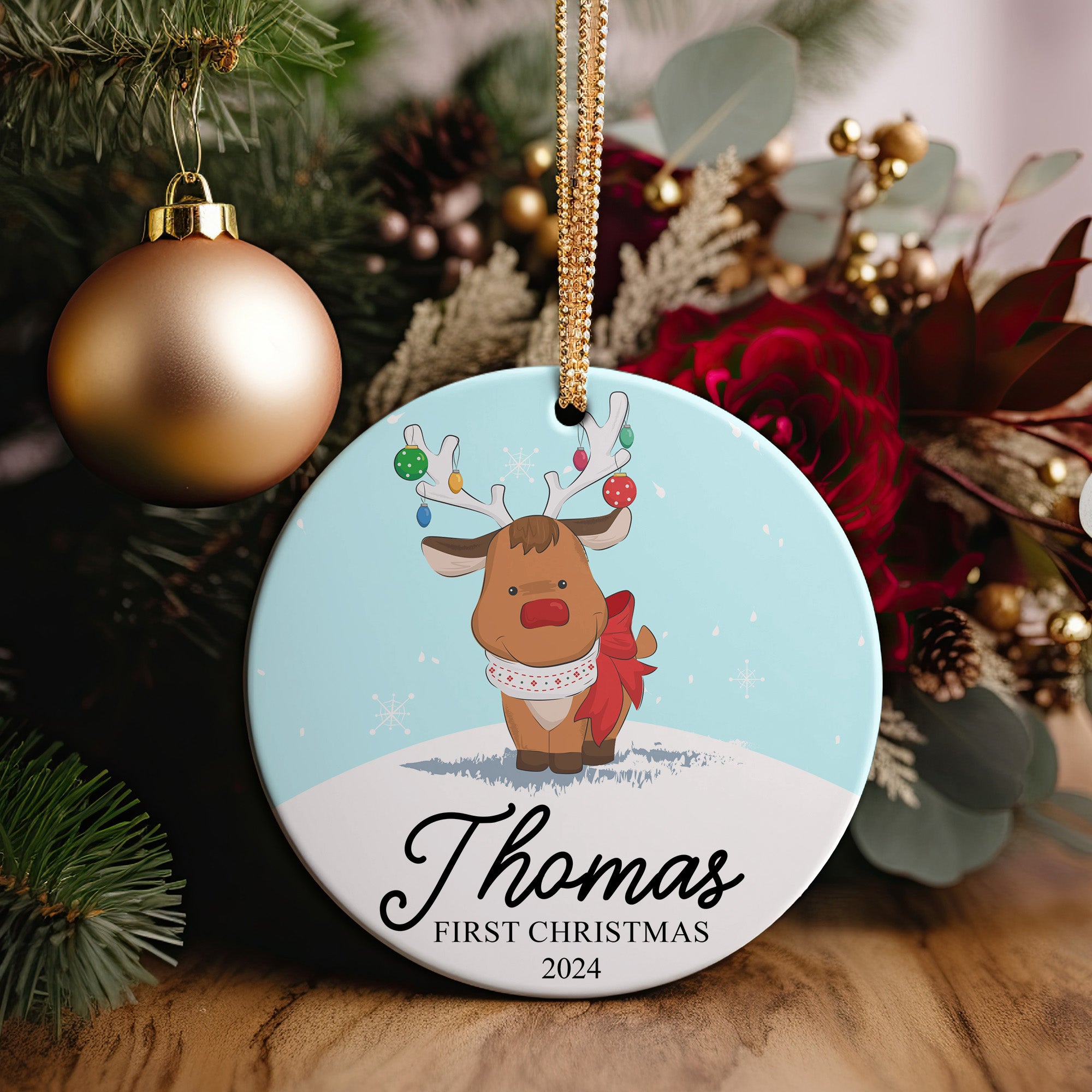 Personalized Baby's First Christmas 2024 Ceramic Ornament - Cute Reindeer Design with Custom Name - Image 2