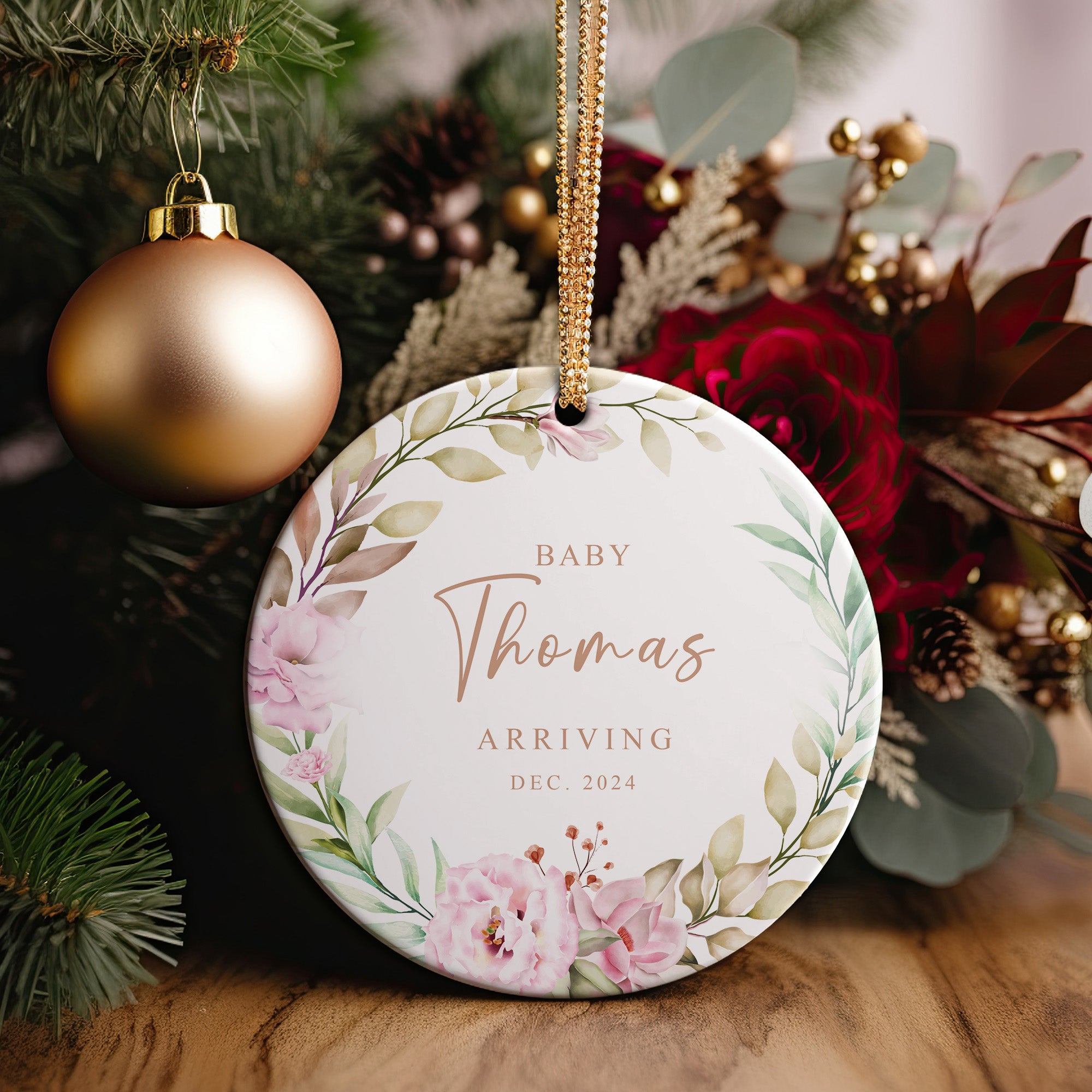 Personalized Baby Announcement Ceramic Ornament - Custom Floral Design for New Arrivals - Perfect for Parents, Grandparents, and Unique Gift Ideas - Image 2