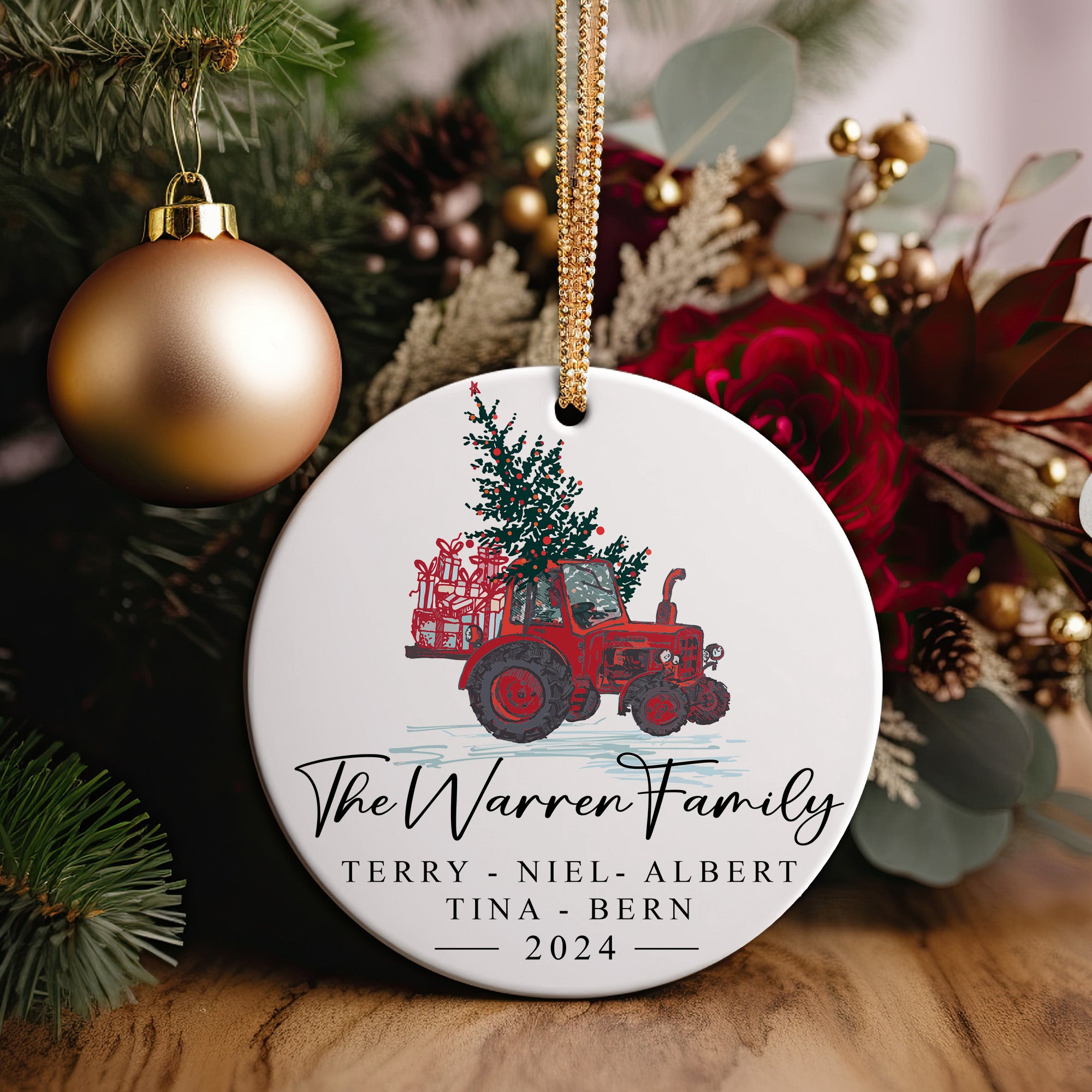 Personalized Family Christmas Ornament - Custom Ceramic Keepsake with Red Tractor & Festive Design - Perfect for Holiday Gift & Decoration 2024 - Image 2