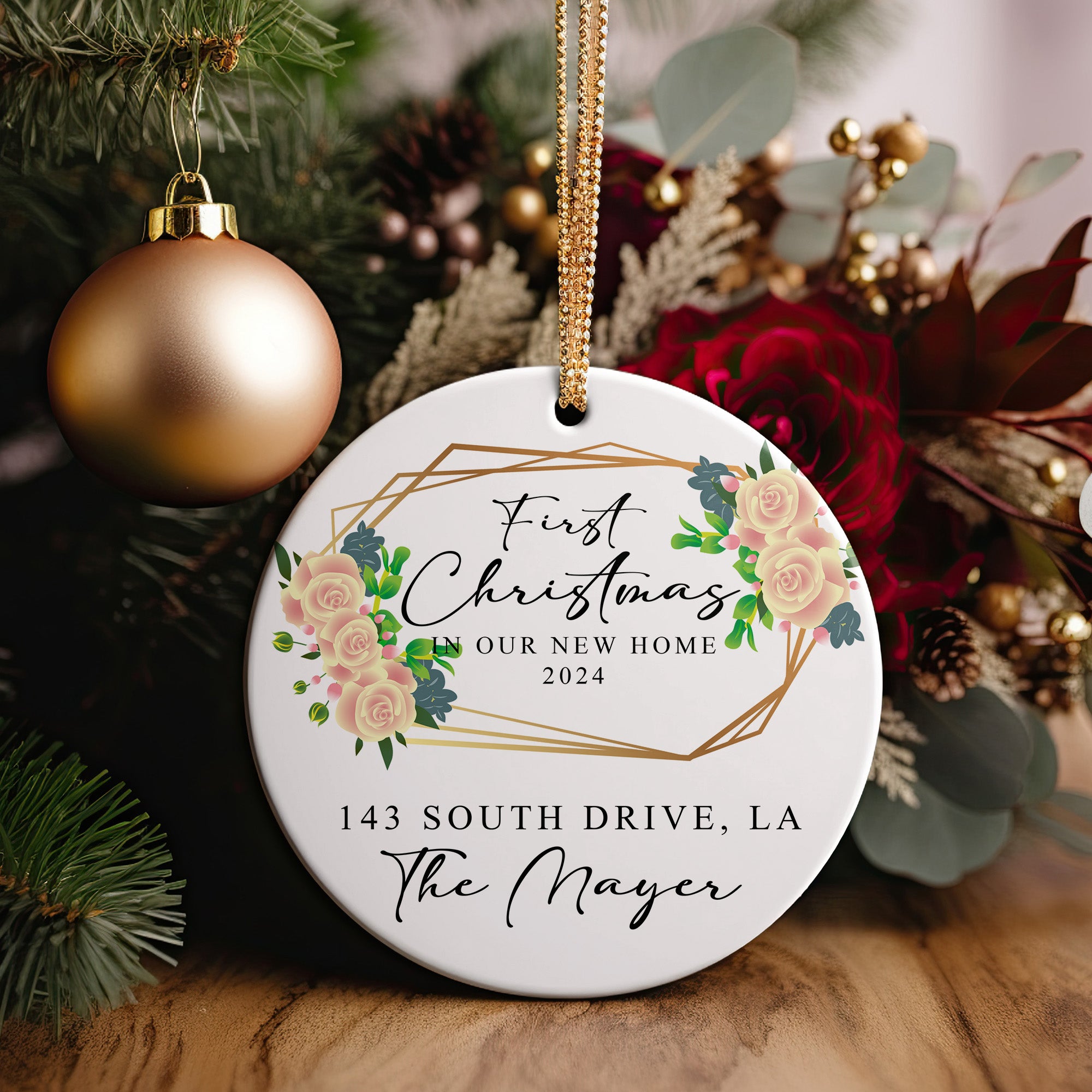 Personalized First Christmas in New Home 2024 Ceramic Ornament – Handcrafted Keepsake with Elegant Floral Design - Image 2