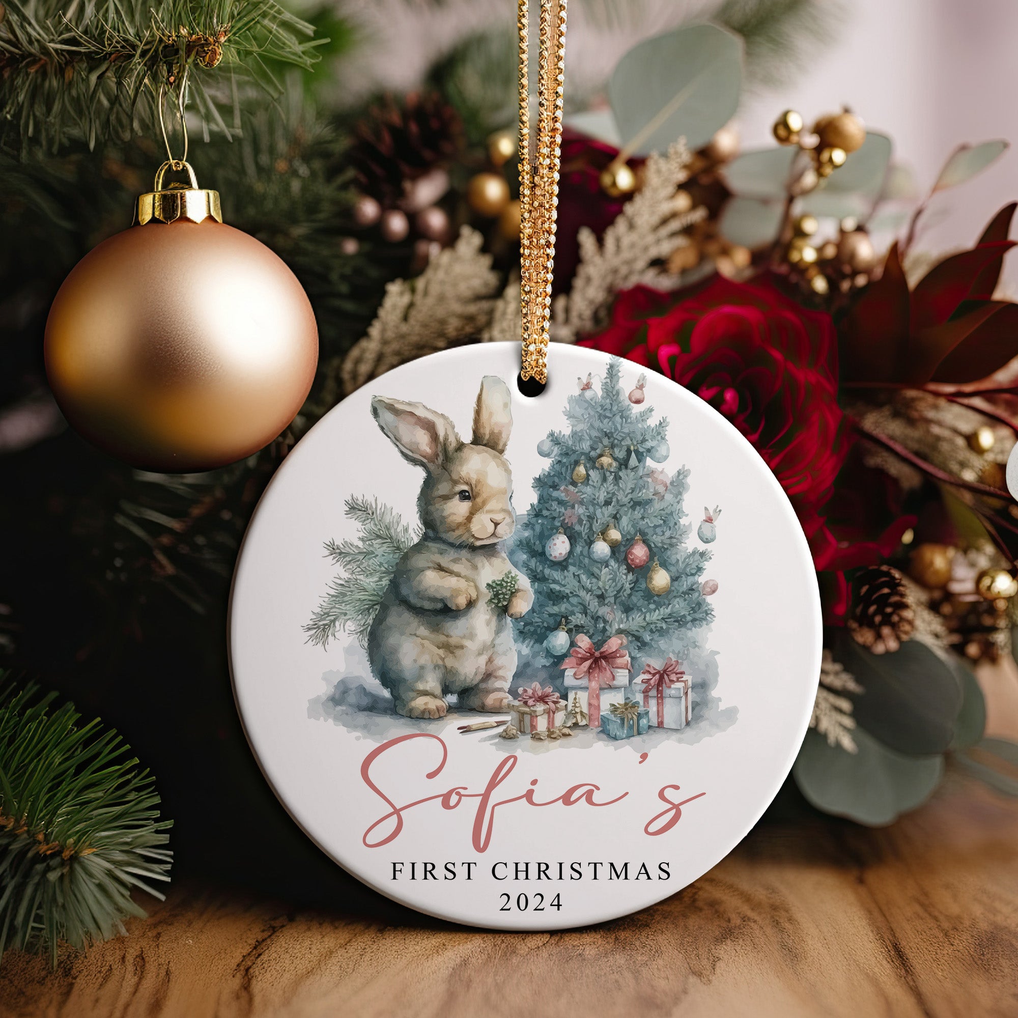 Personalized Baby's First Christmas Ceramic Ornament 2024 - Custom Name Keepsake with Adorable Bunny Design - Image 2