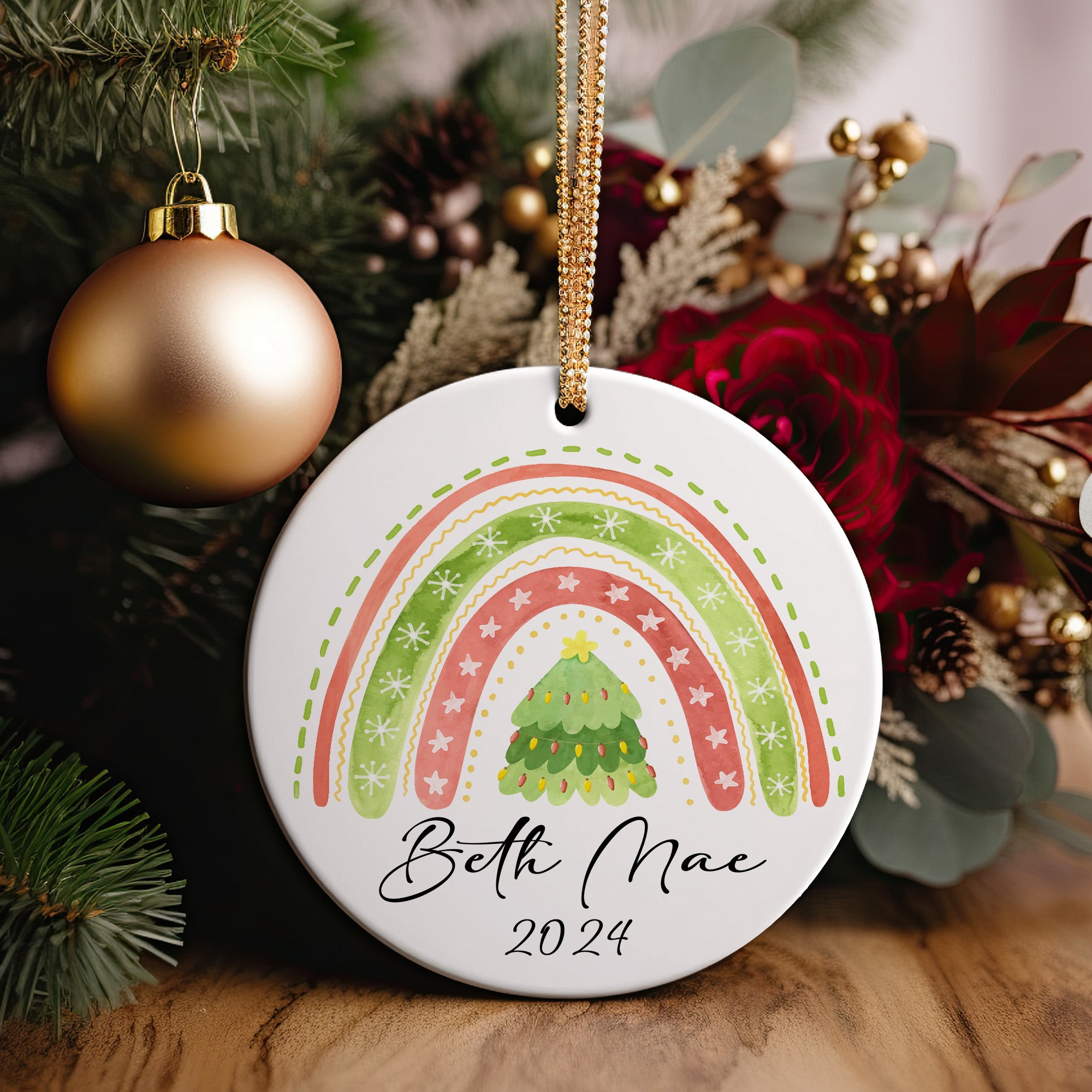 Personalized Christmas Ceramic Ornament with Hand-Painted Rainbow and Tree Design - Custom Name & Year - Perfect Holiday Gift - Image 2