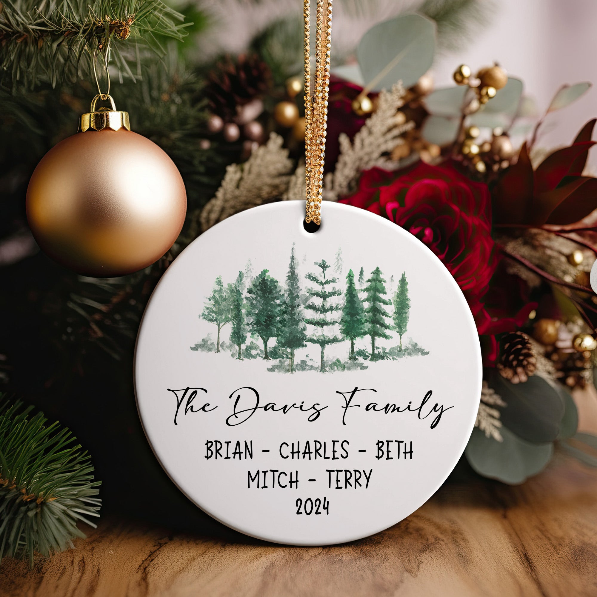 Personalized Family Evergreen Ceramic Ornament - Custom Names & Year - Handmade Gift for Holidays and Special Occasions - Image 2