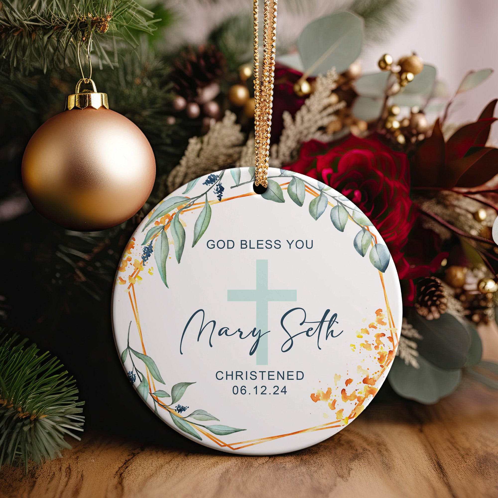 Personalized Ceramic Christening Ornament with Cross Design – Customized Keepsake Gift for Special Occasions - Image 2