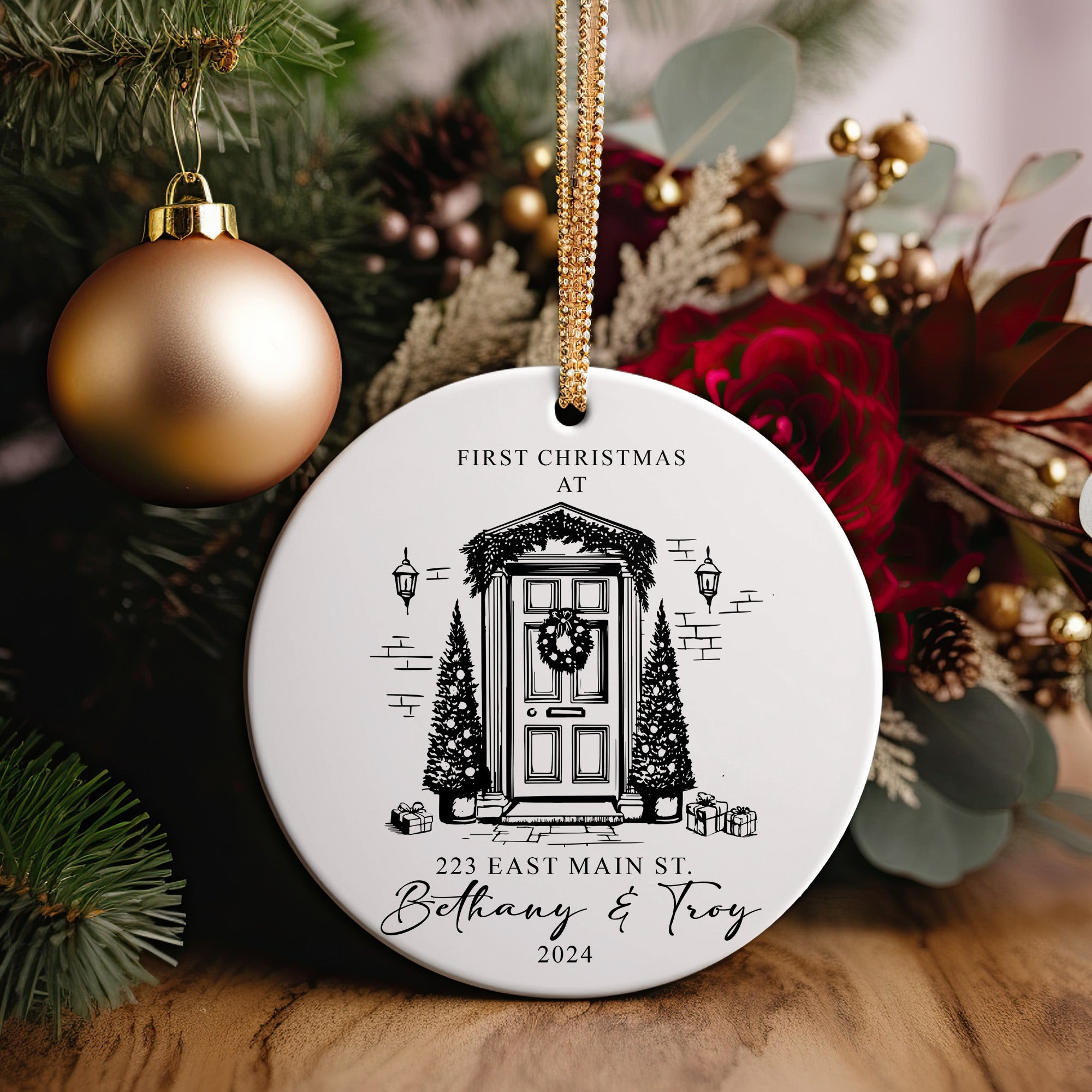 Elegant Personalized First Christmas Ceramic Ornament for Couples – Custom Address & Names, 2024 Keepsake - Image 2