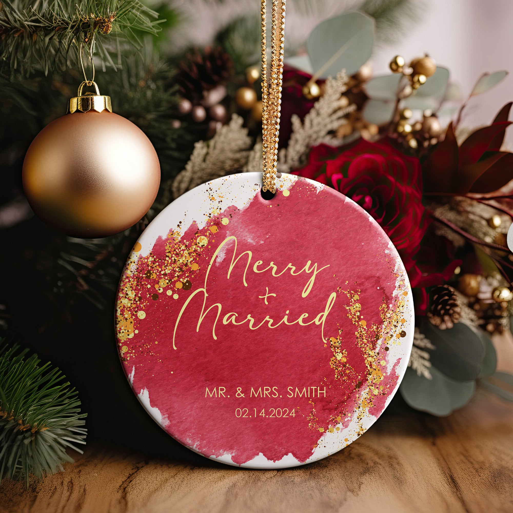 Personalized "Merry + Married" Ceramic Ornament - Unique Wedding Keepsake, Custom Date & Names - Image 2