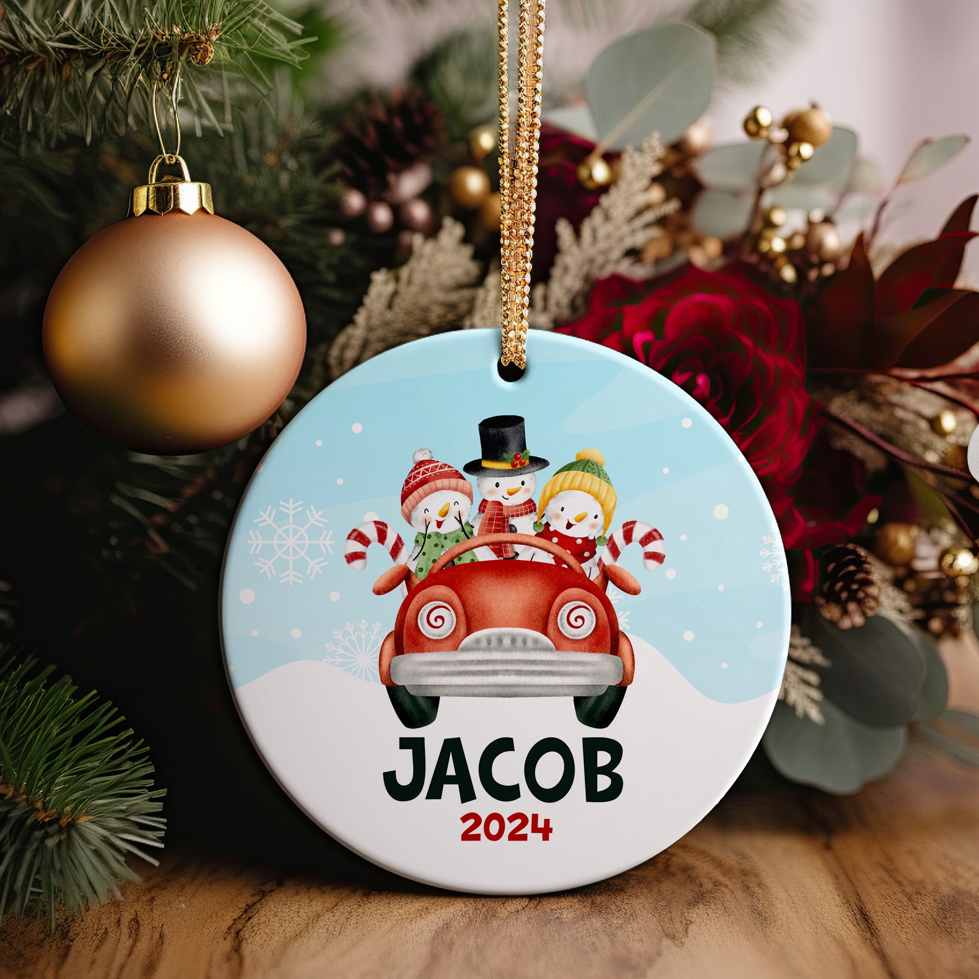 Personalized 2024 Ceramic Ornament with Snowman Family in Red Car - Custom Name Gift for Holidays - Image 2