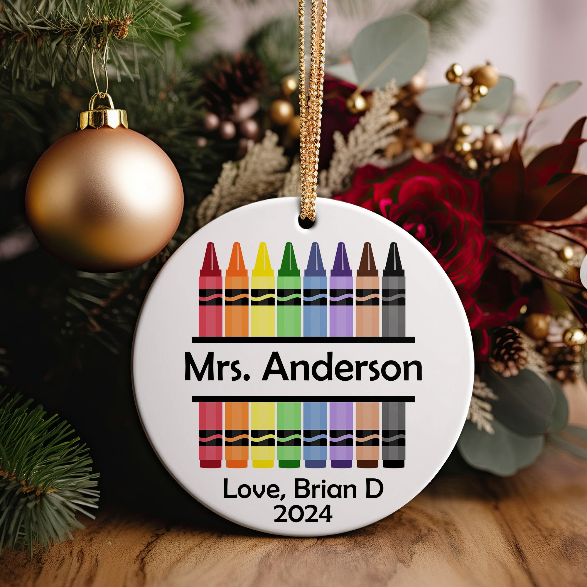 Personalized Crayon Design Ceramic Ornament for Teachers with Custom Name and Year - Perfect Holiday Gift for Educators - Image 2