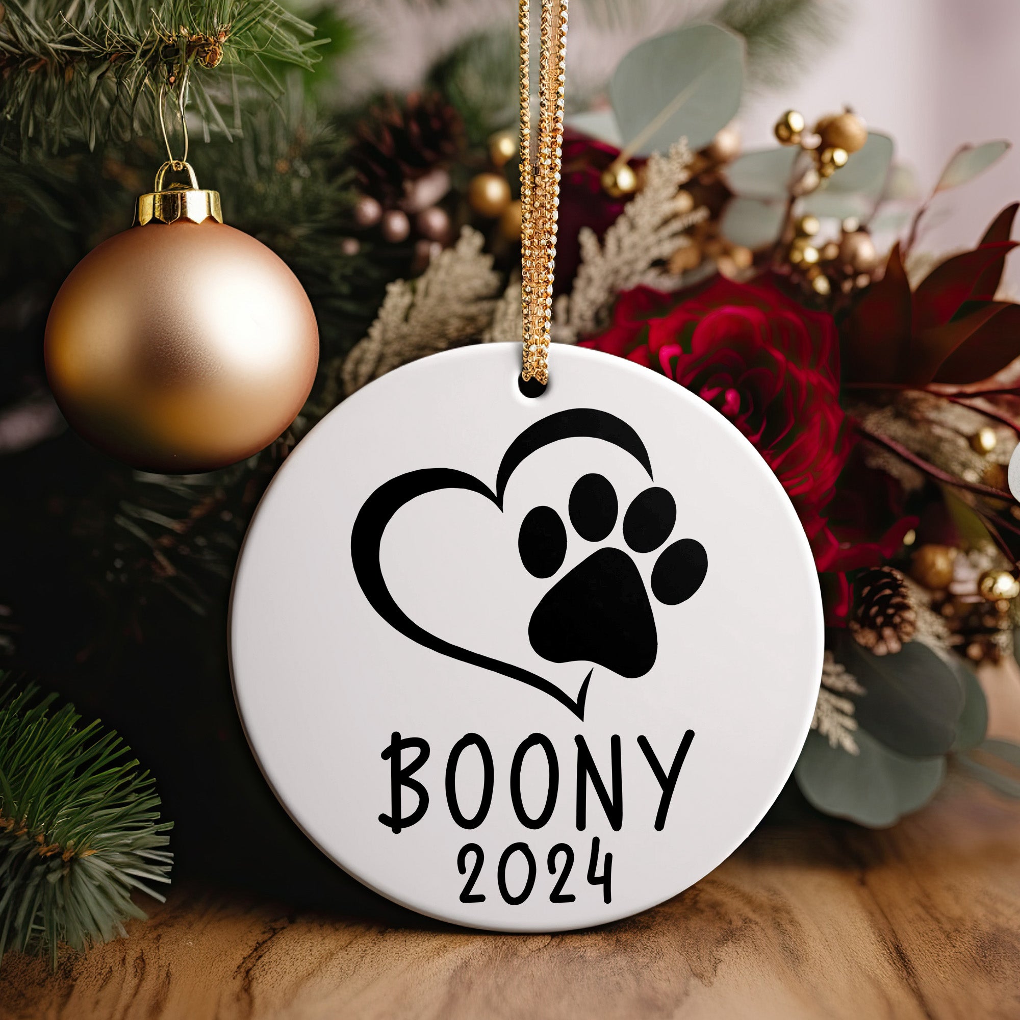 Personalized Pet Paw Heart Ceramic Ornament - Custom Dog Name Keepsake for 2024 Holidays - Image 2