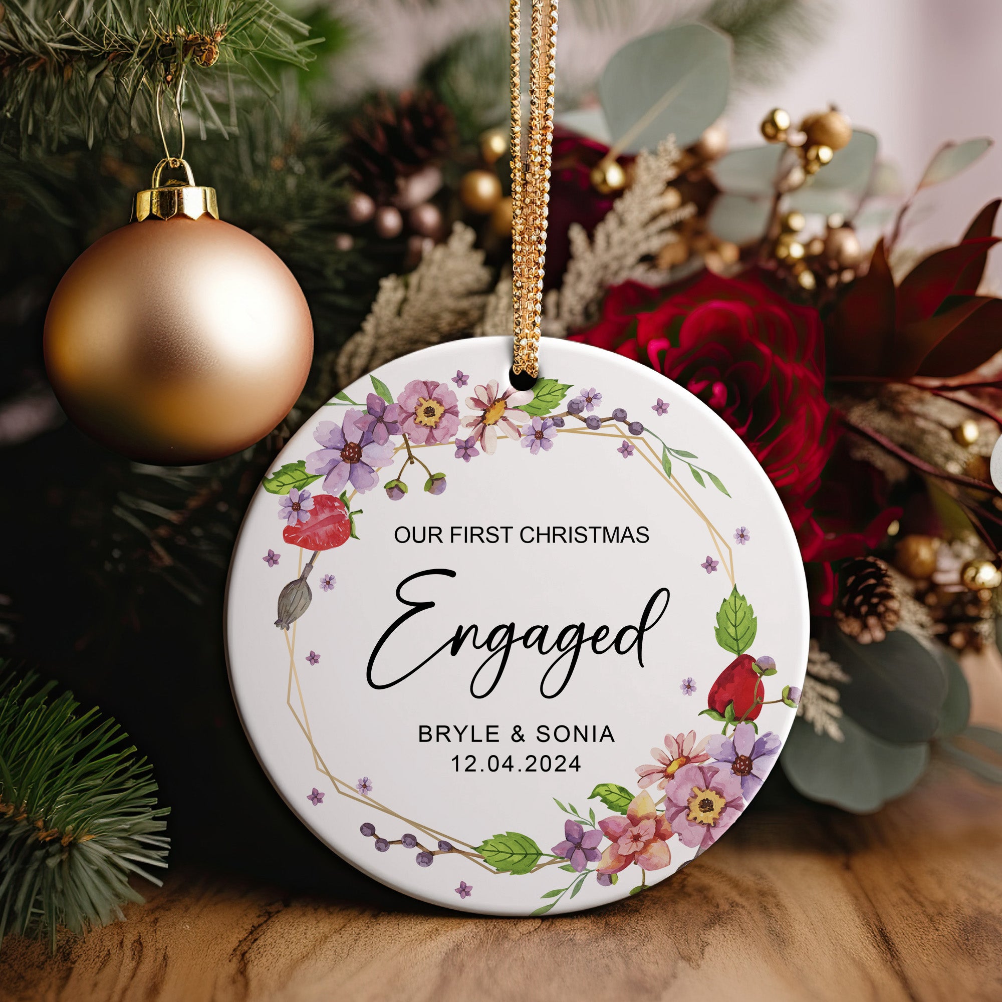 Personalized Engagement Christmas Ornament - Custom Floral Ceramic Keepsake for Couples - Image 2