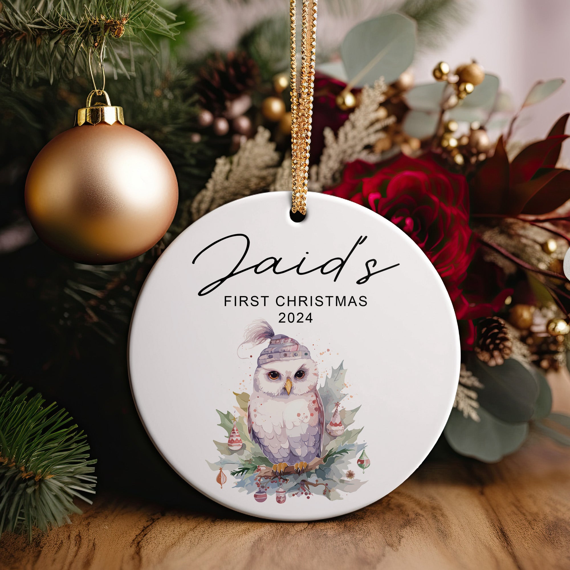 Personalized Baby's First Christmas Ceramic Ornament 2024 - Custom Name Owl Design Keepsake - Image 2