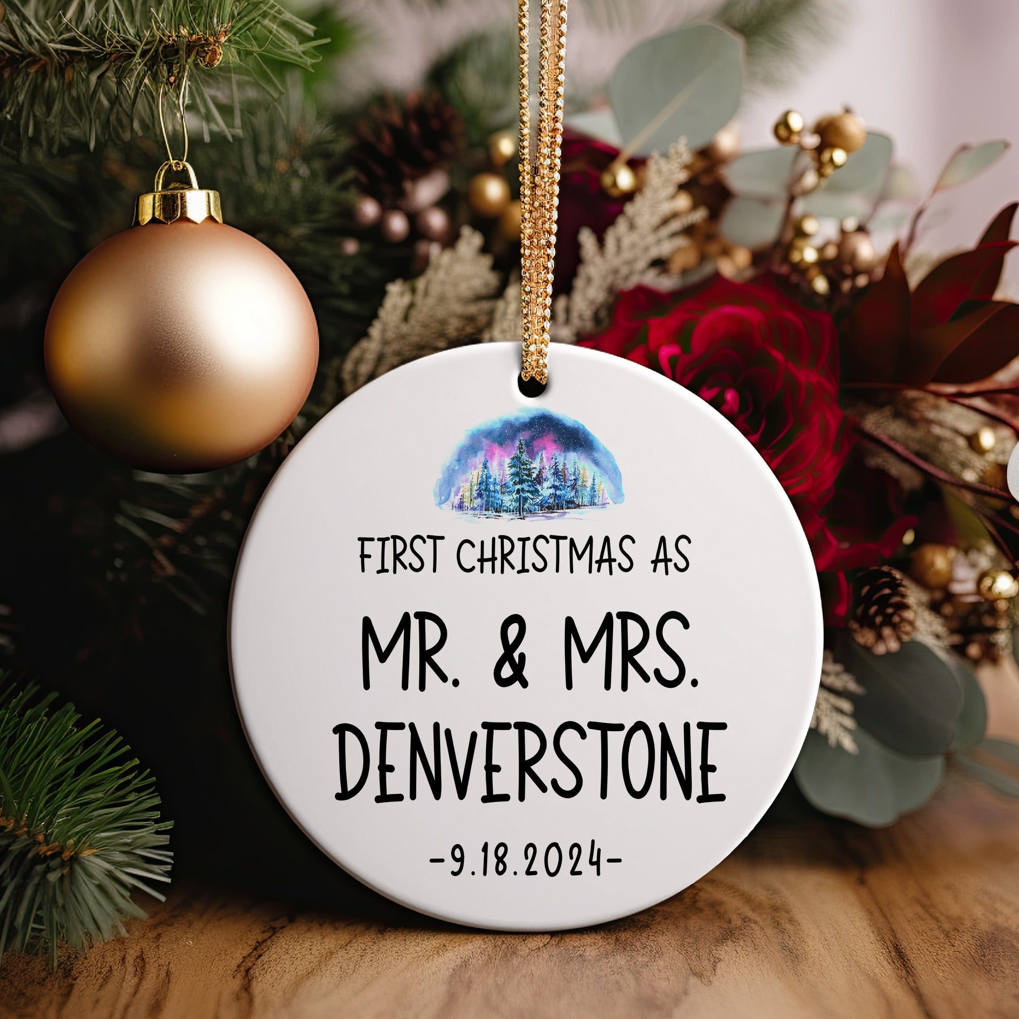 Personalized First Christmas Ceramic Ornament for Couples – Elegant Watercolor Design, Perfect as Newlywed Gift with Date Customization - Image 2
