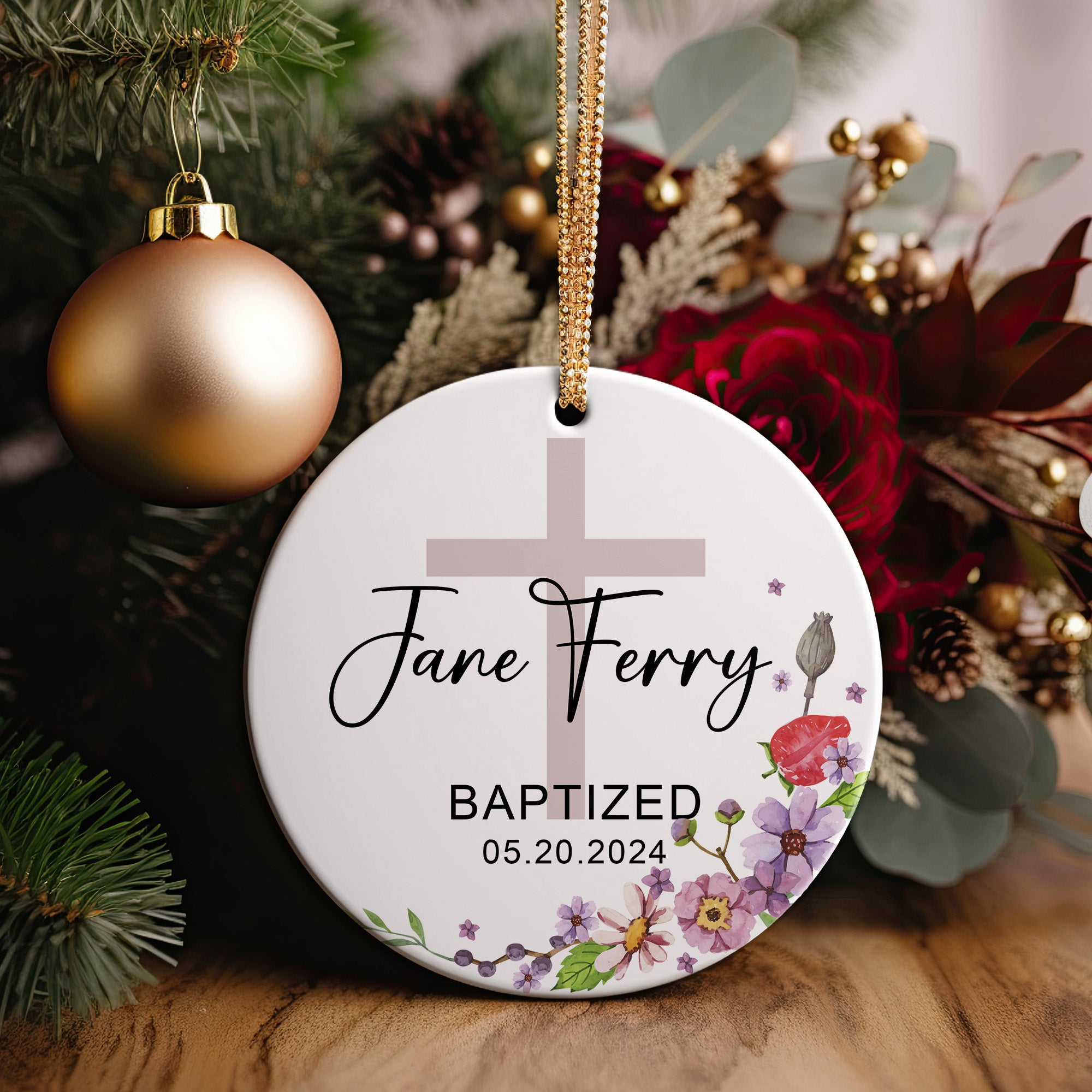 Personalized Floral Baptism Ceramic Ornament for Baby - Custom Name and Date Keepsake Gift - Image 2