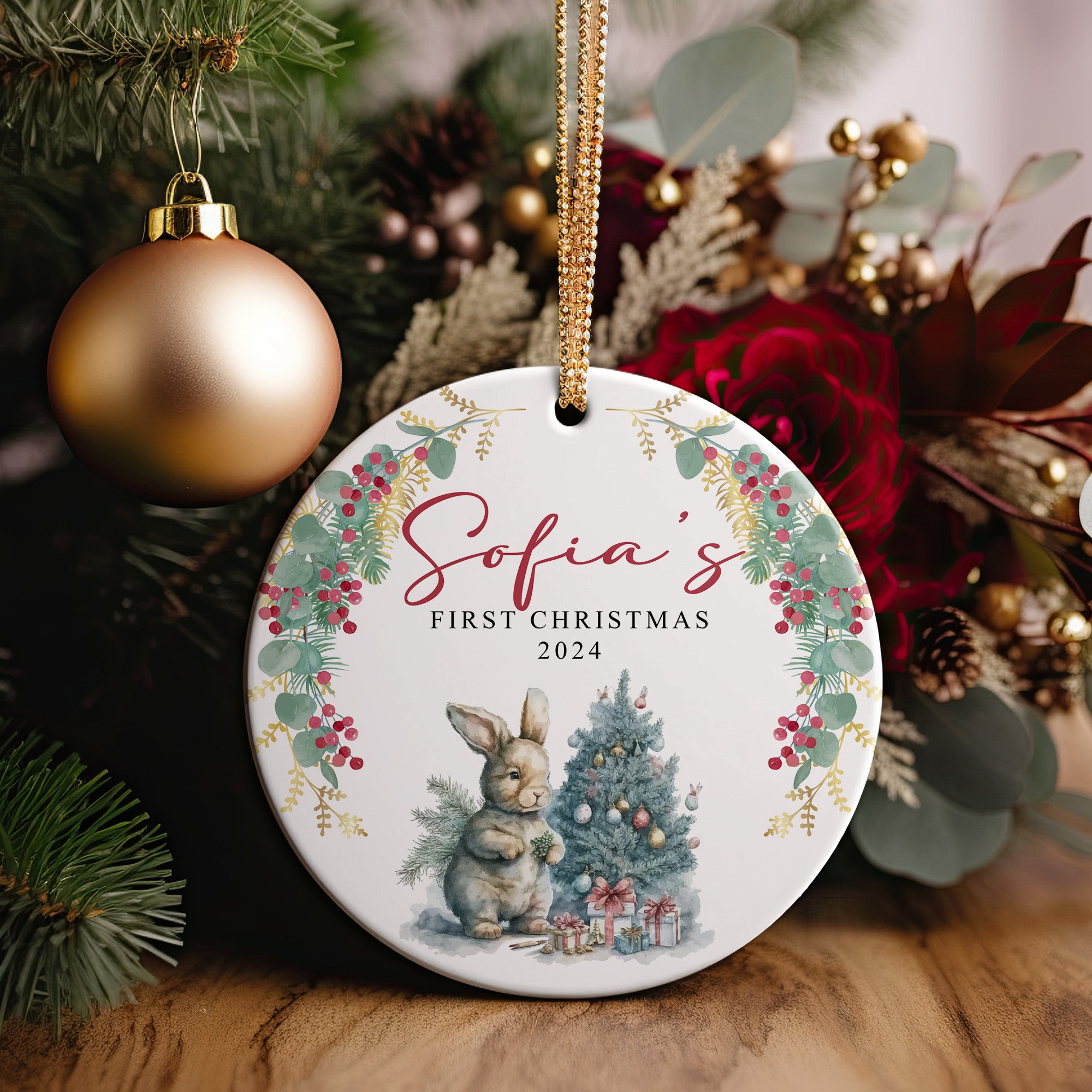 Personalized Baby's First Christmas Ceramic Ornament 2024 - Cute Bunny & Tree Design - Custom Gift for Newborns and Parents - Image 2