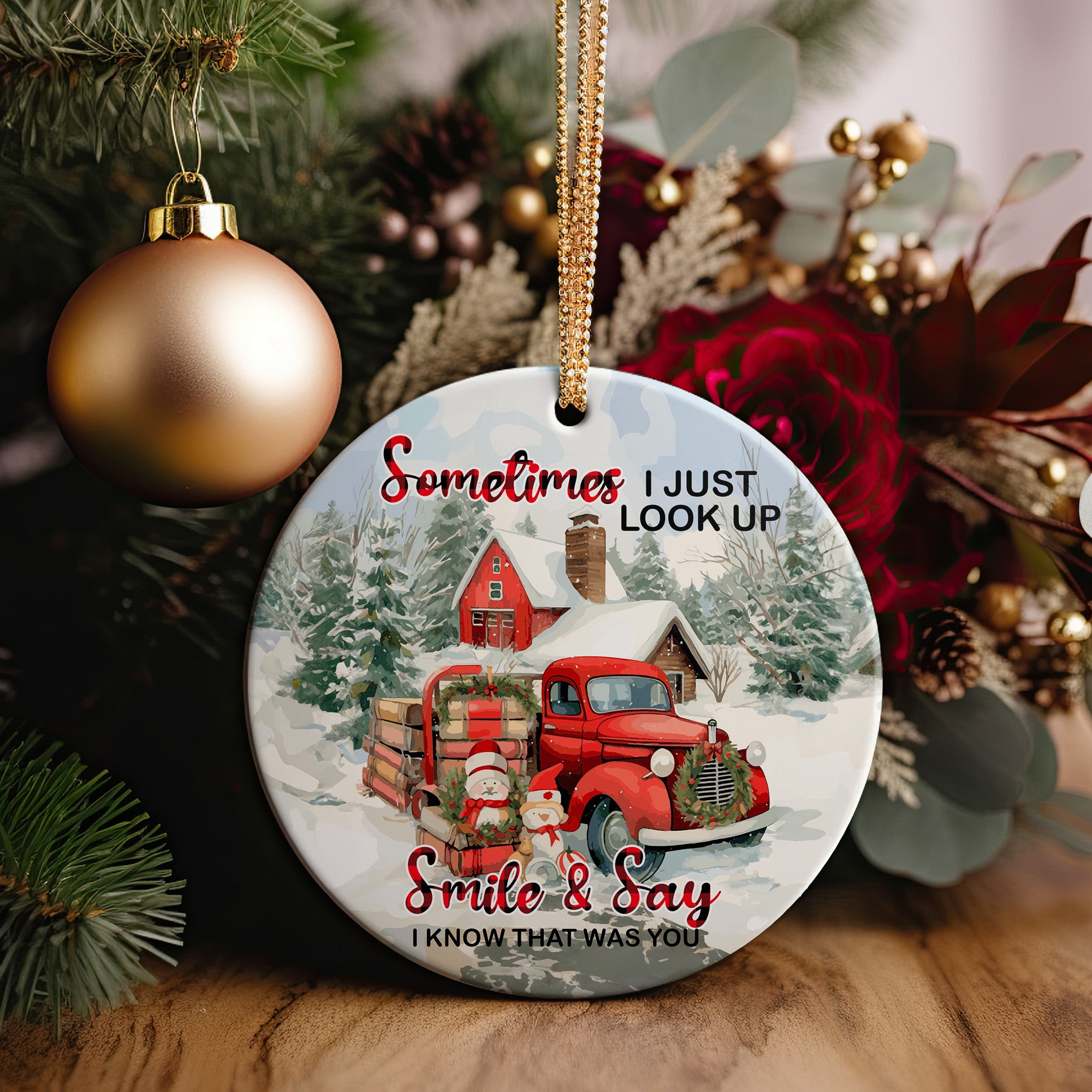 Personalized Memorial Christmas Ornament – Rustic Red Truck & Snowy Cabin Scene with Heartfelt Message – Perfect Gift for Remembering Loved Ones - Image 2