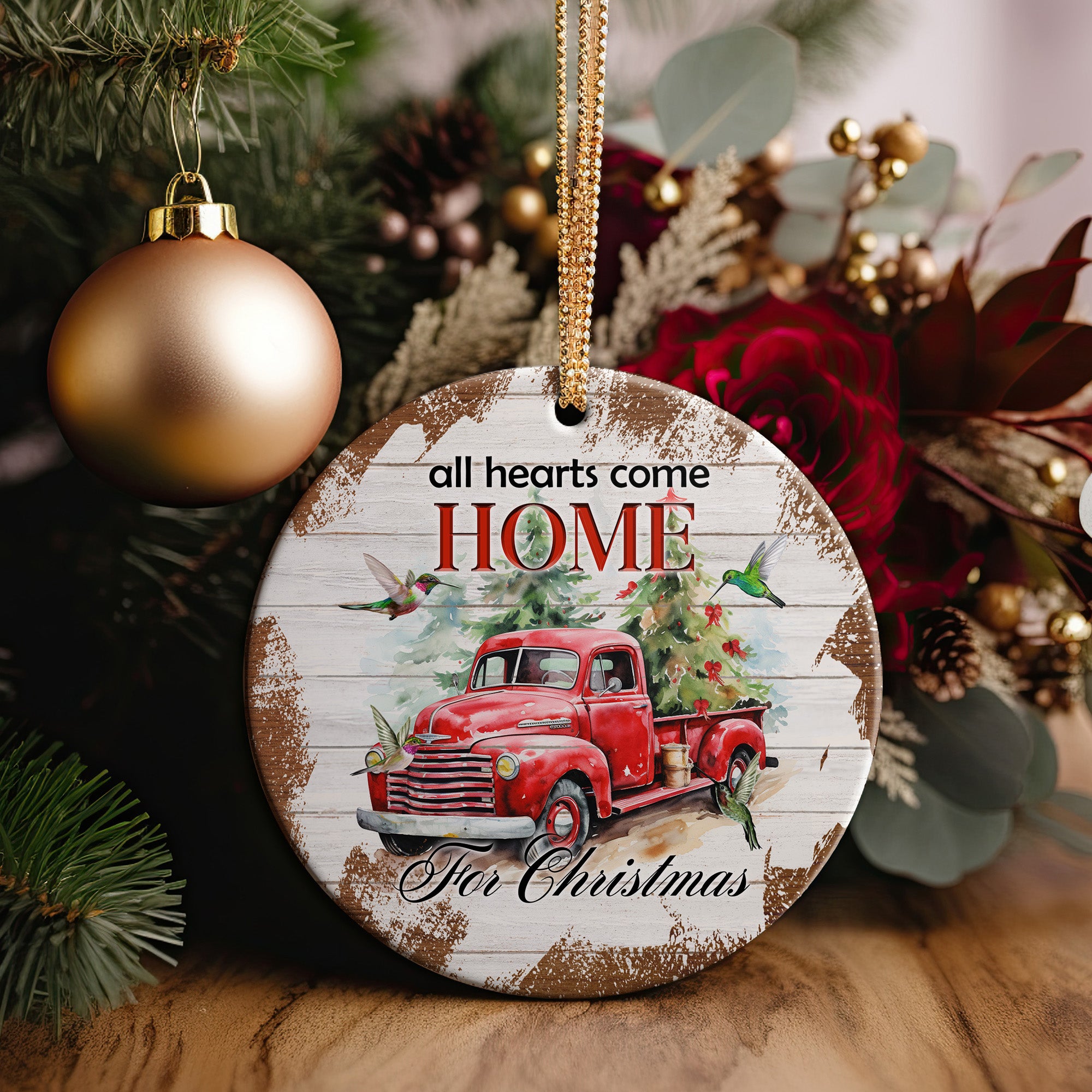 Custom Vintage Red Truck Ceramic Ornament – Personalized Christmas Decoration with Hummingbirds for Heartfelt Holiday Gifts - Image 2
