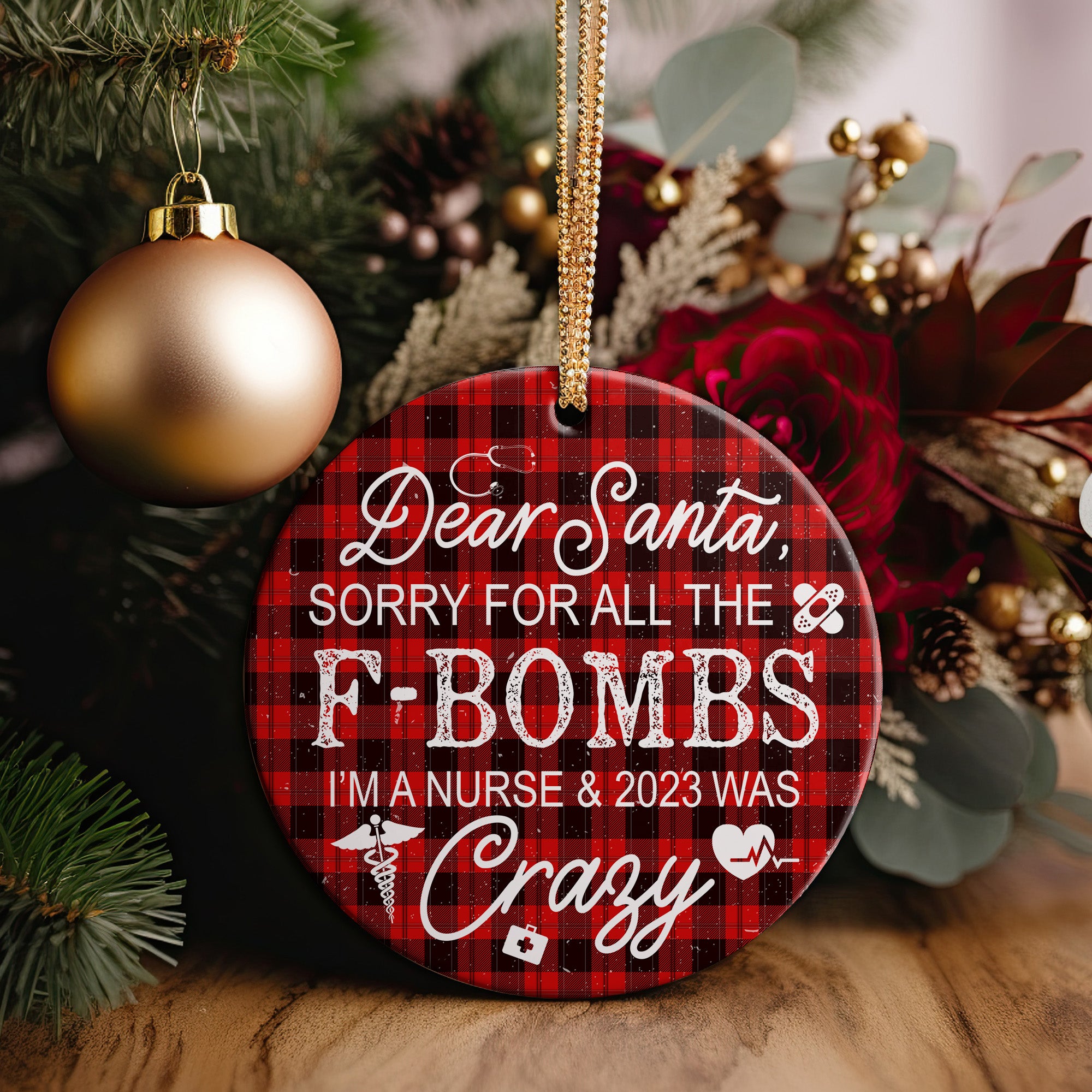 Personalized Nurse Christmas Ornament - Funny Plaid Ceramic Keepsake for Nurses - 2023 Holiday Humor Gift - Image 2