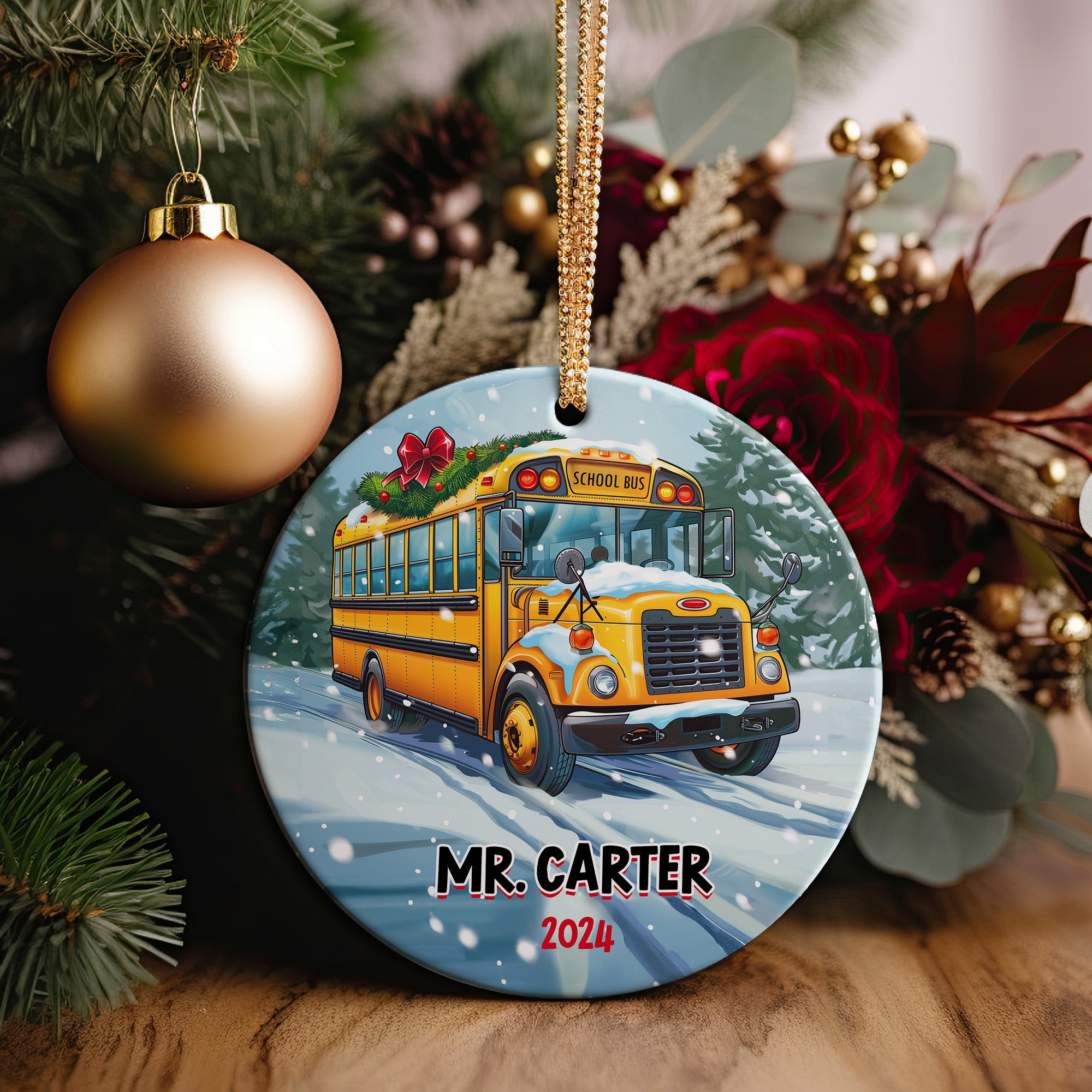 Personalized School Bus Ceramic Ornament – Custom Gift for Teachers and Bus Drivers 2024 – Festive Holiday Keepsake - Image 2