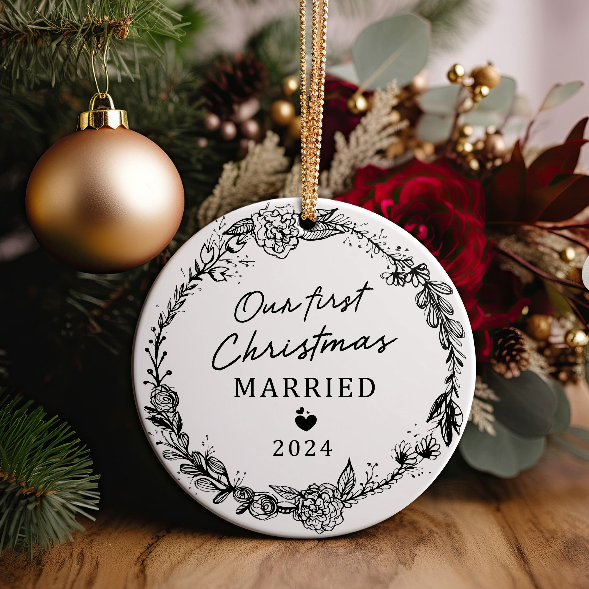 Personalized "Our First Christmas Married" 2024 Ceramic Ornament – Elegant Floral Design for Newlyweds - Image 2
