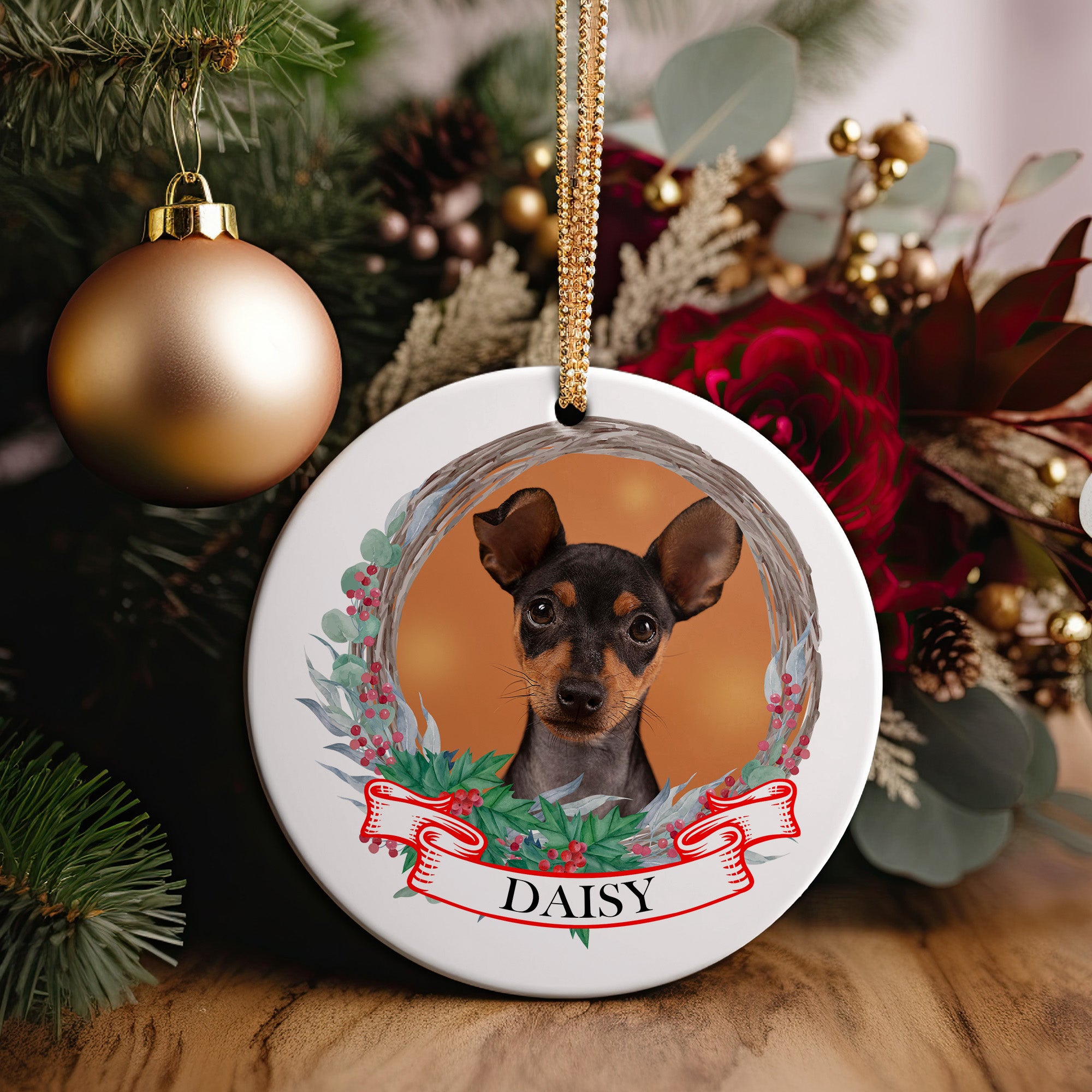 Personalized Ceramic Dog Photo Ornament with Festive Wreath Design – Perfect Pet Lover's Gift - Image 2