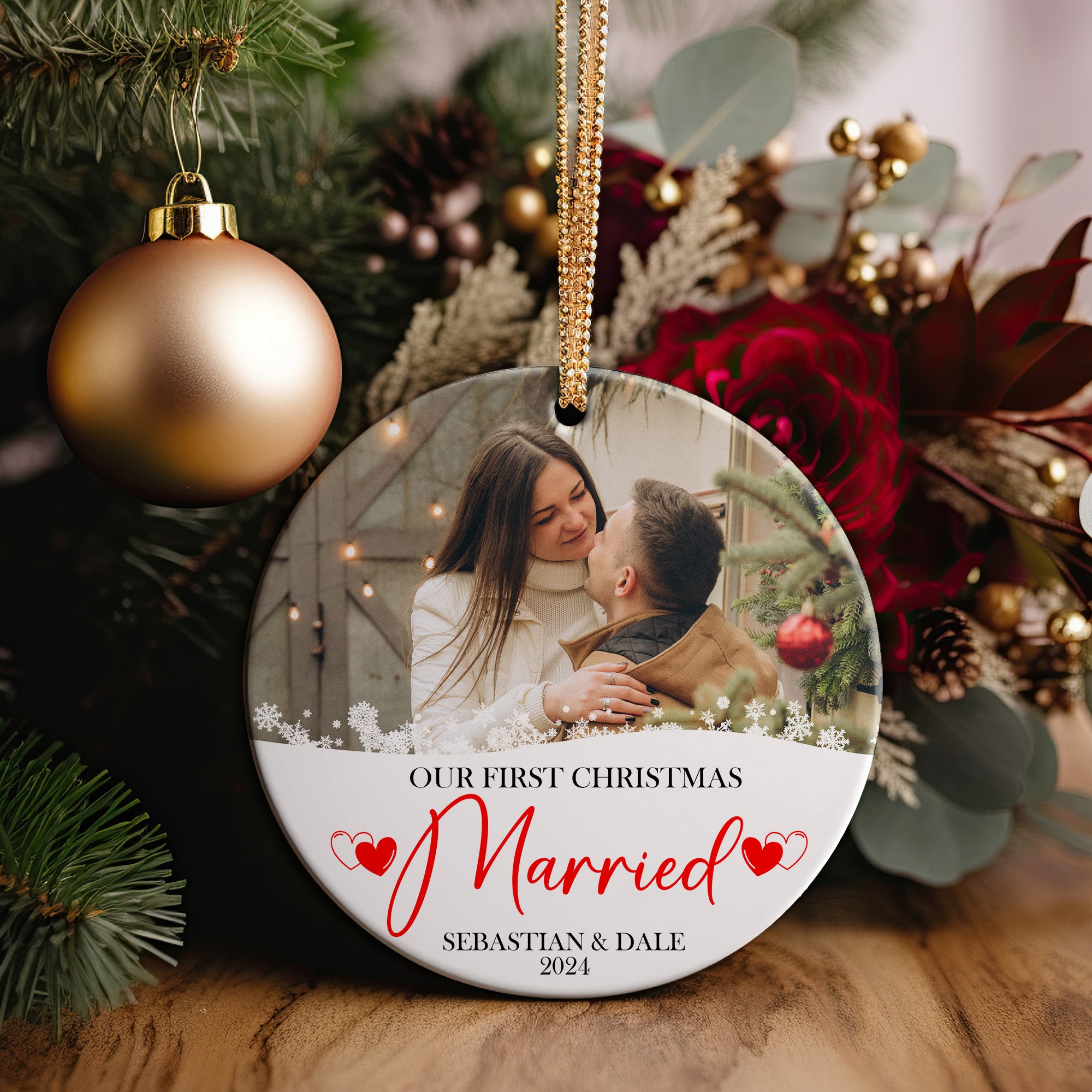 Personalized Our First Christmas Married Ceramic Ornament - Customizable Keepsake for Newlyweds, 2024 - Image 2