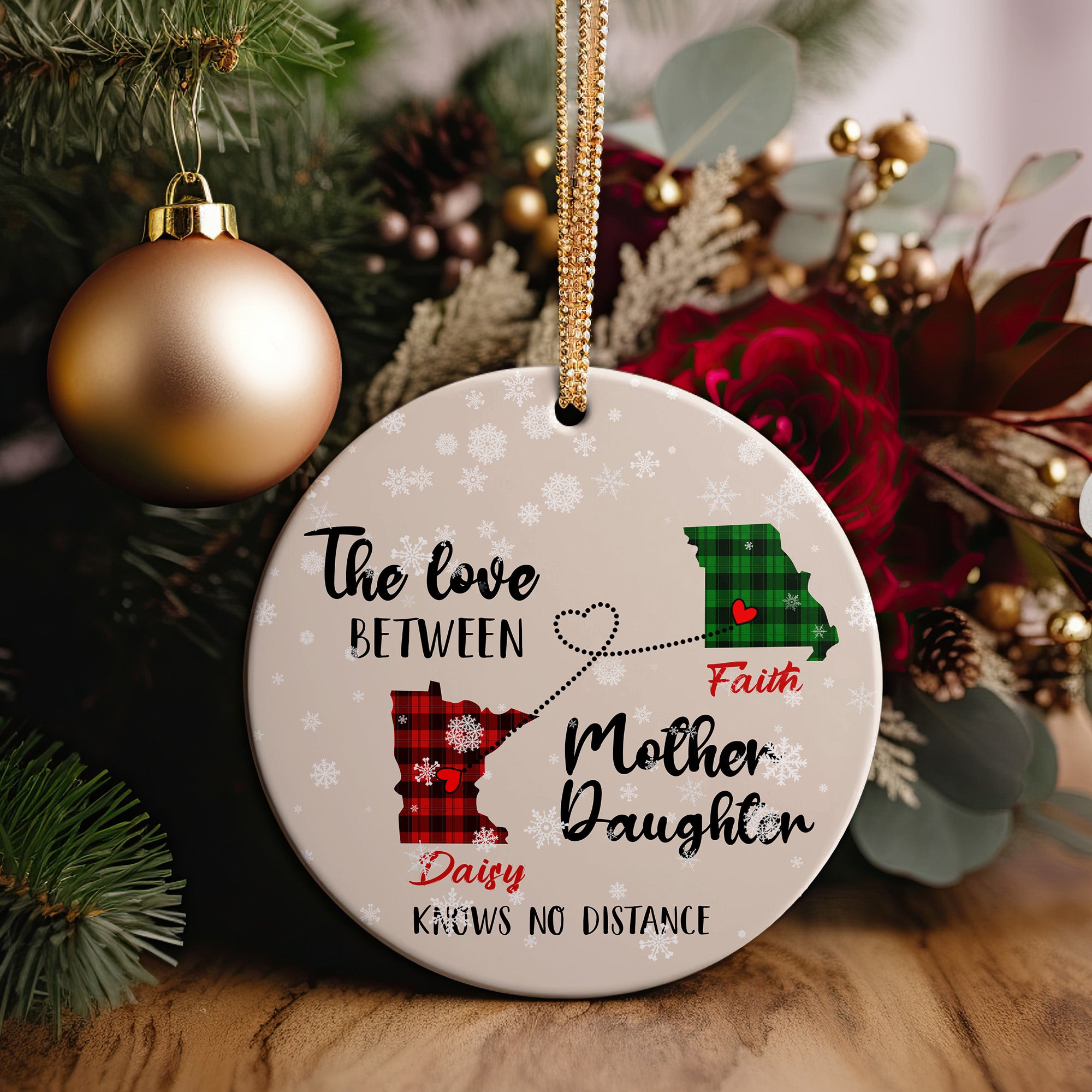 Personalized Mother Daughter State Ornament - Custom Plaid Design, Heartfelt Message, Perfect Gift for Holidays - Image 2