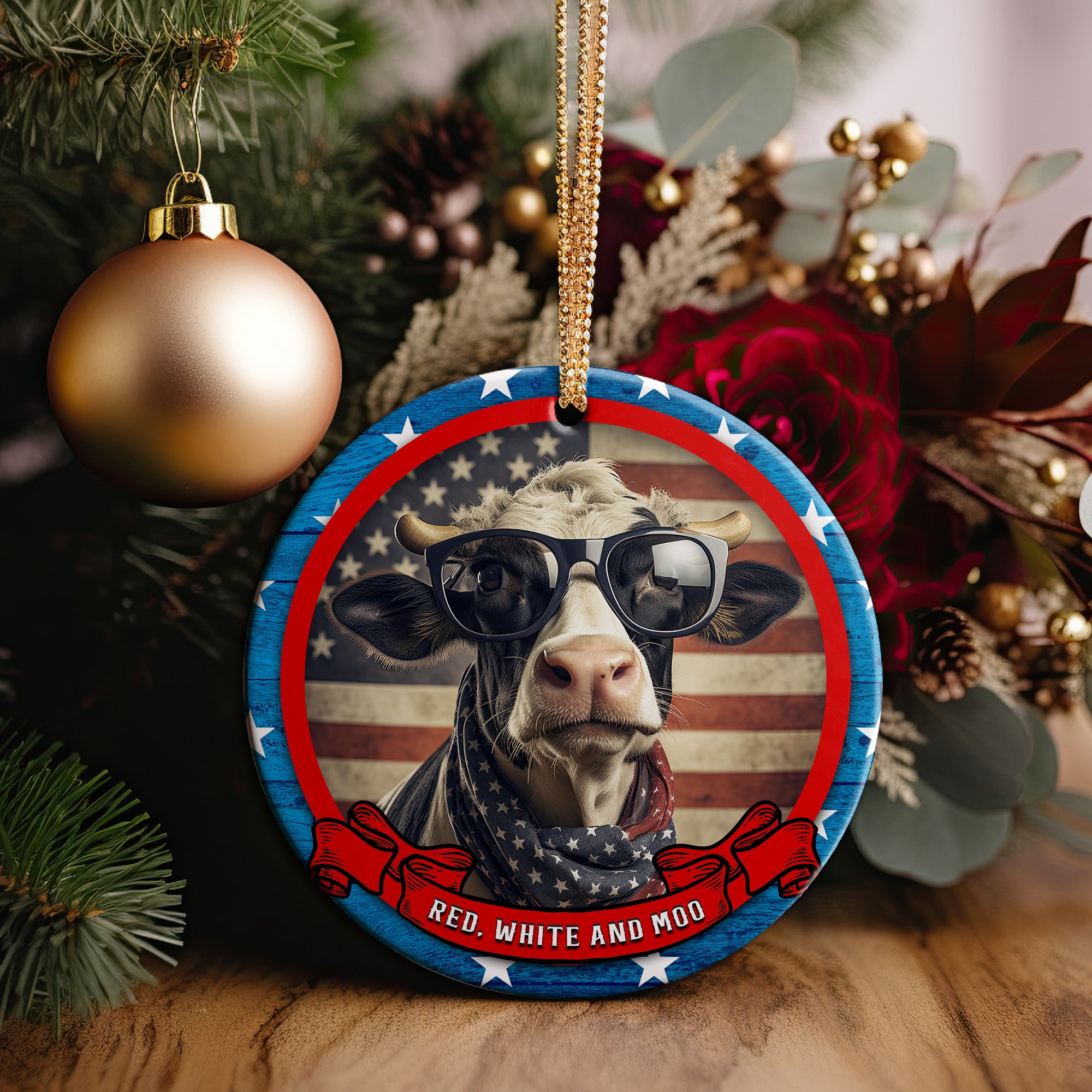 Patriotic Cow Ceramic Ornament - Red, White, and Moo! Personalized Décor for Animal Lovers - Image 2
