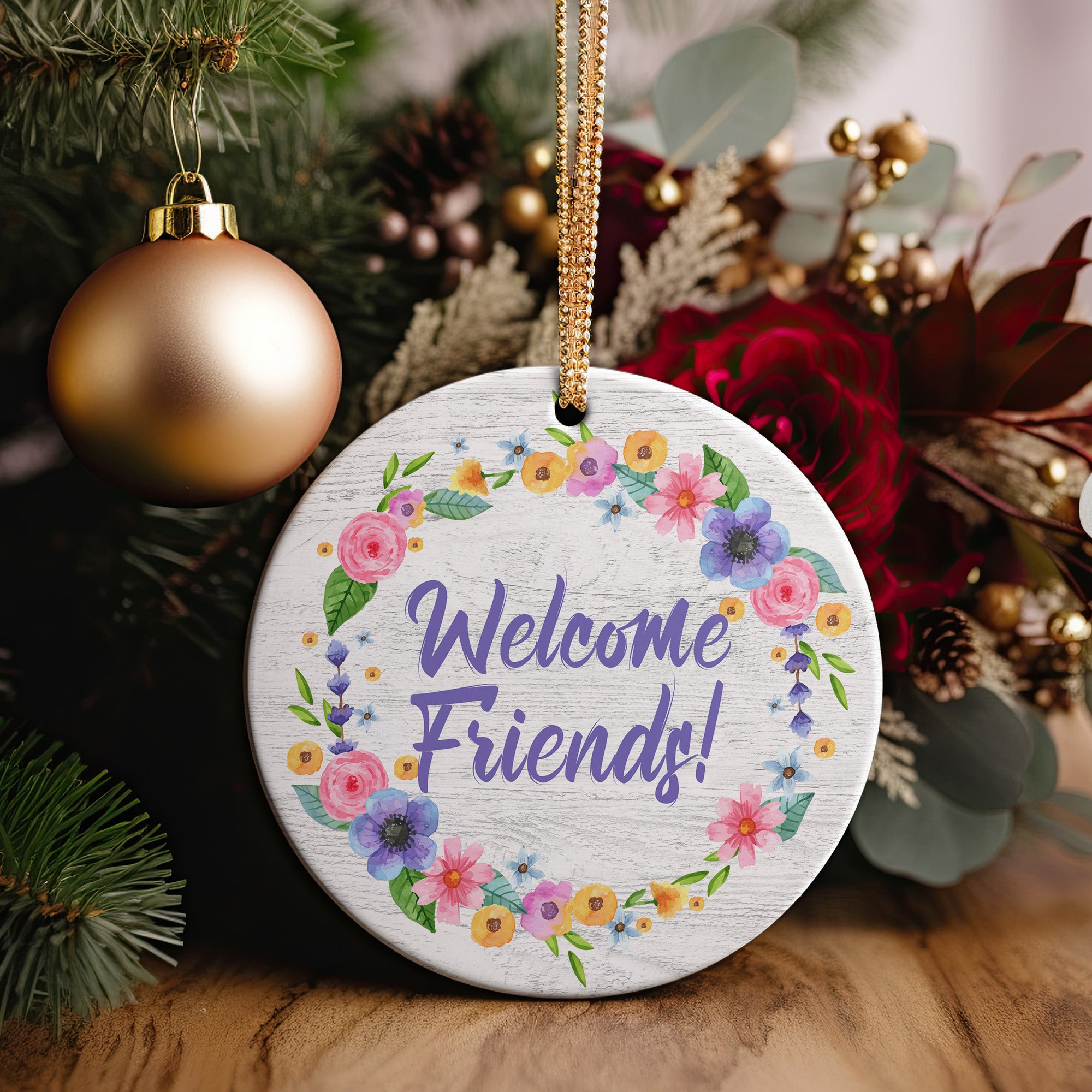 Personalizable "Welcome Friends!" Floral Ceramic Ornament - Handmade and Heartfelt Gift for All Occasions - Image 2