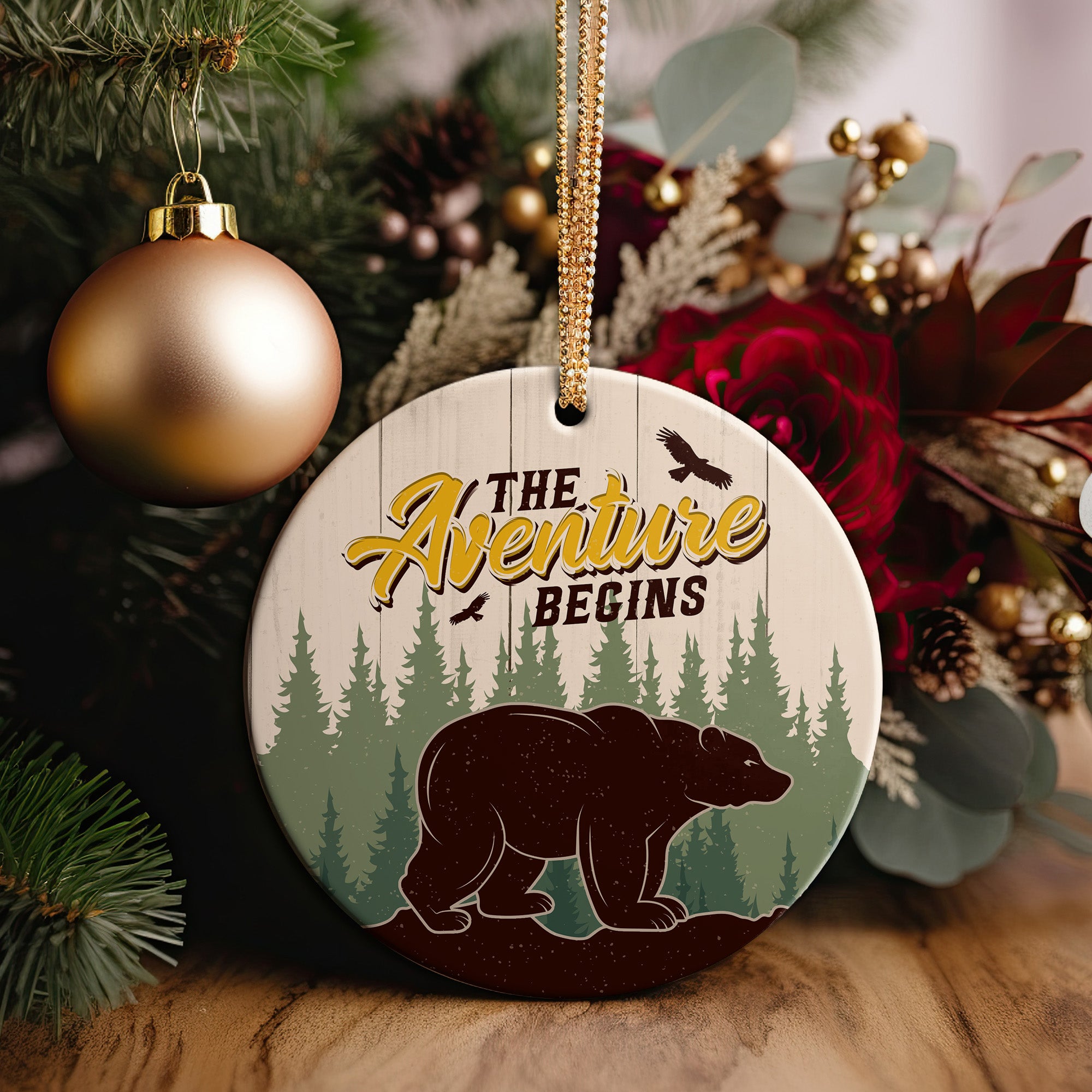 Personalized "The Adventure Begins" Ceramic Ornament - Forest Bear Design for Adventurous Spirits - Image 2