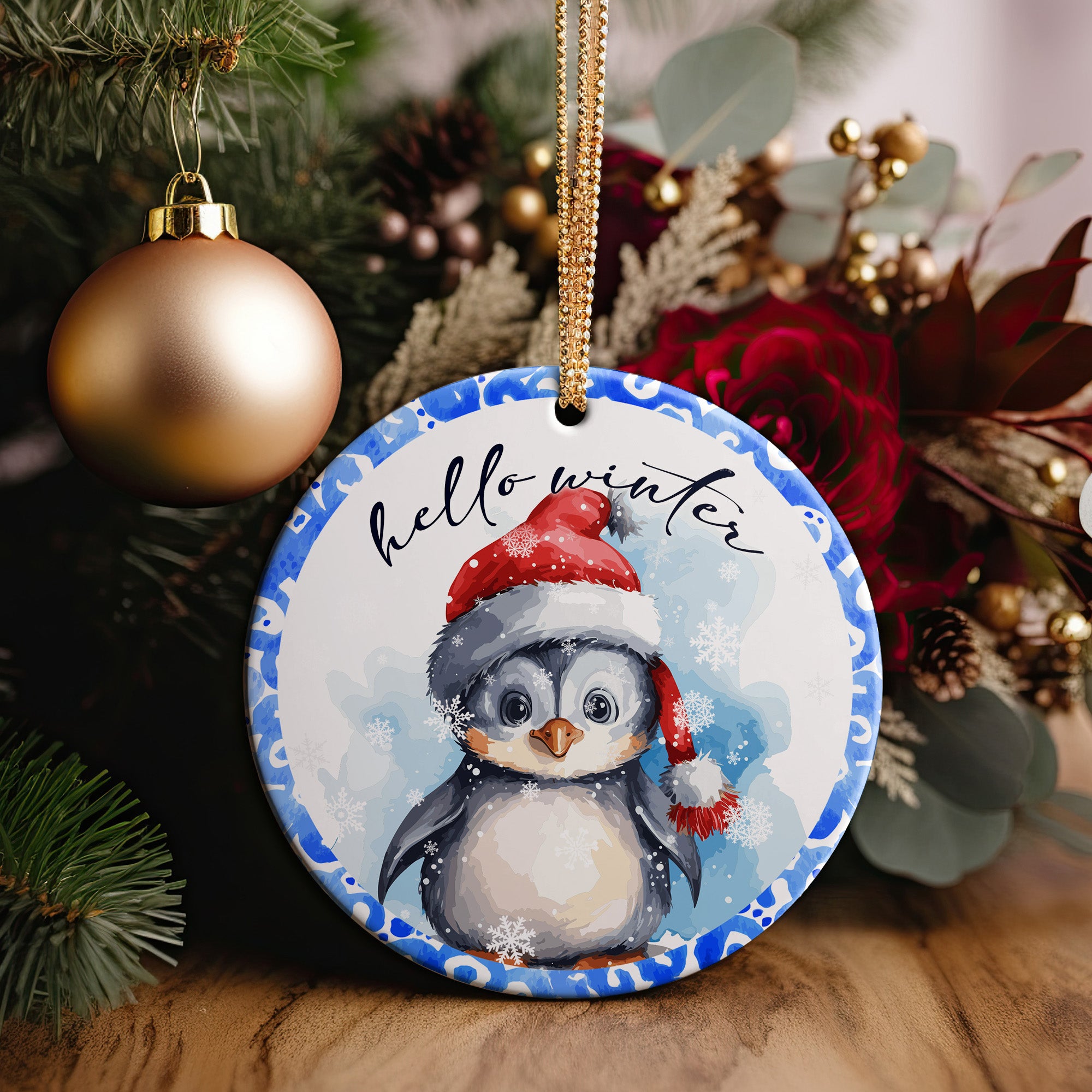Personalized Winter Penguin Ceramic Ornament – Handcrafted Holiday Keepsake with Customizable Santa Hat and Snowflakes Design - Image 2