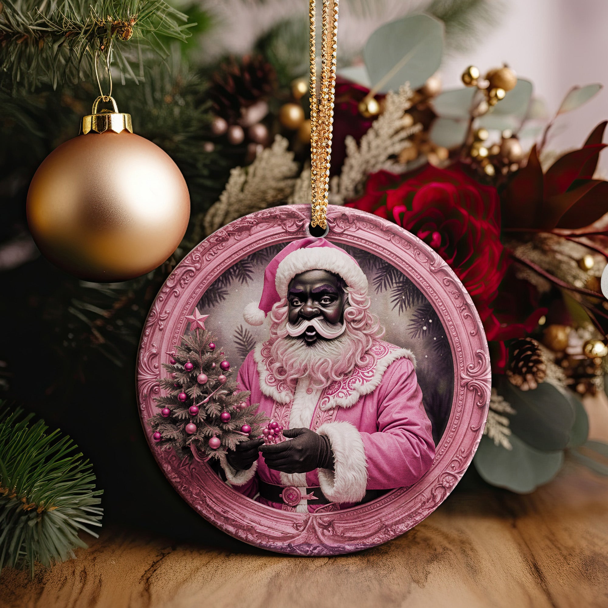 Personalized Handcrafted Black Santa Ceramic Ornament in Pink - Unique Christmas Decor & Perfect Gift - Image 2