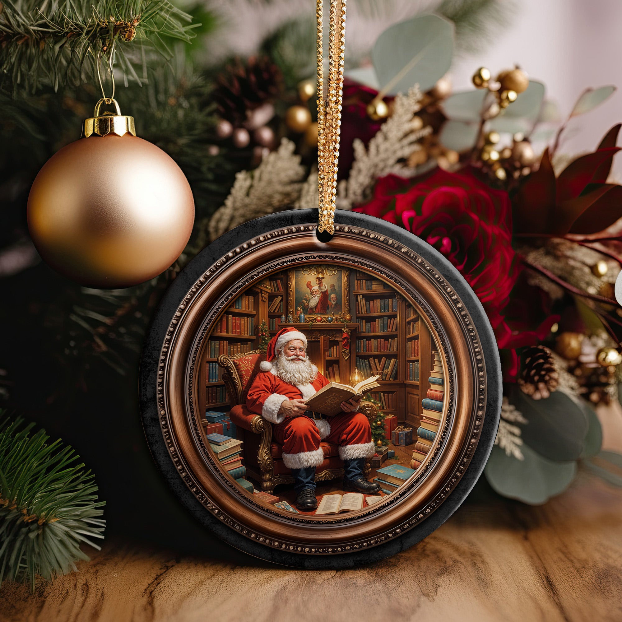 Personalized Santa's Christmas Library Ceramic Ornament - Handcrafted Holiday Charm - Image 2