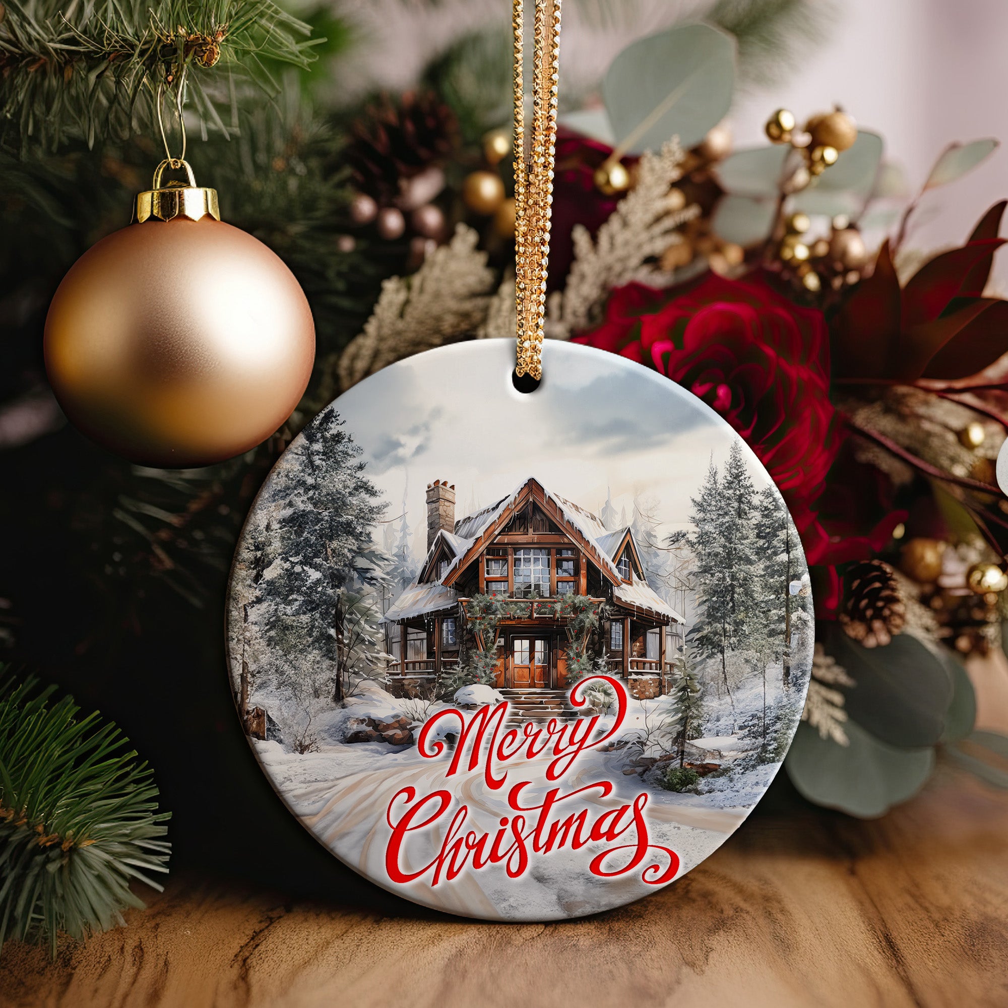 Personalized Merry Christmas Ceramic Ornament – Rustic Cabin Design with Snowy Forest for Perfect Holiday Decor and Heartfelt Gifts - Image 2