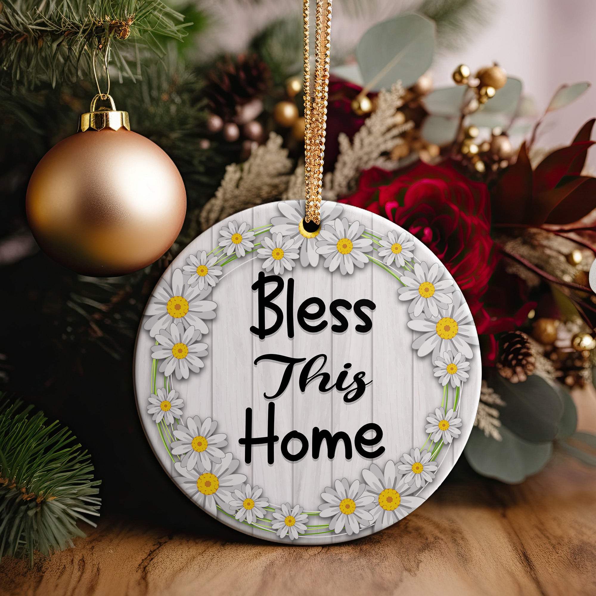 Personalized Daisy Wreath Ceramic Ornament - "Bless This Home" Rustic Charm for Every Room - Image 2