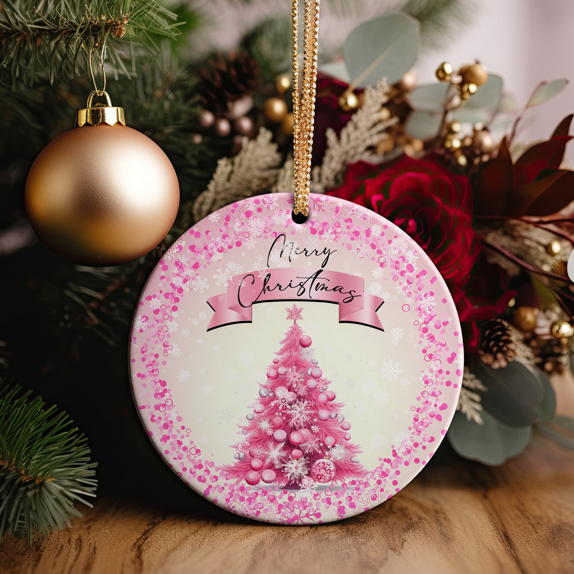 Personalized Pink Christmas Tree Ceramic Ornament - Custom Holiday Decoration with Festive Design, Perfect Gift for Her - Image 2