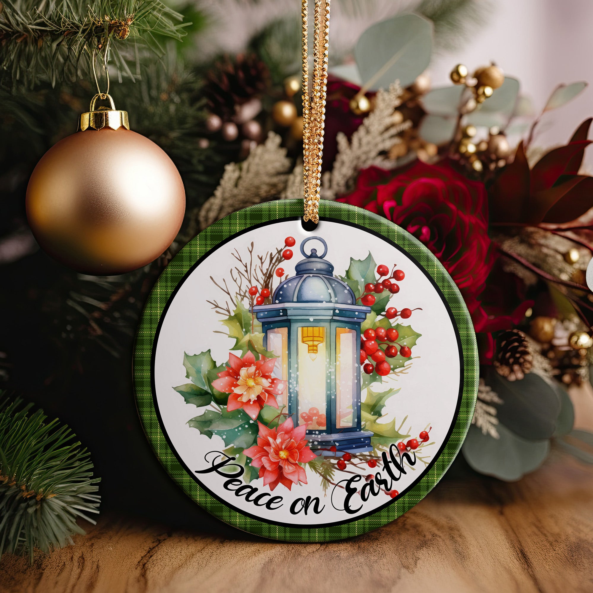 Personalized Ceramic Holiday Ornament with Lantern and Poinsettia - Handcrafted Christmas Gift for Peaceful Celebrations - Image 2
