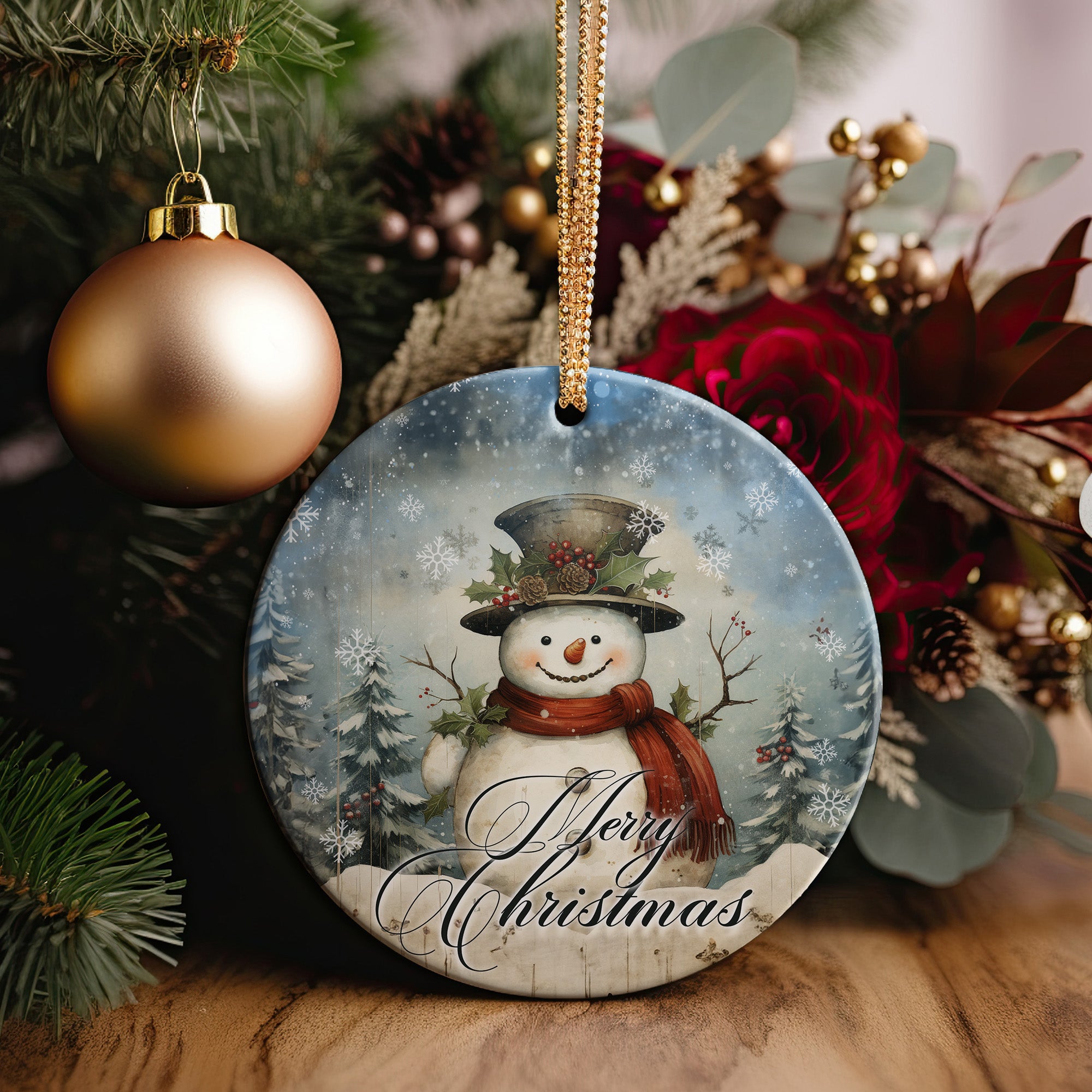 Personalized Merry Christmas Snowman Ceramic Ornament - Handcrafted Holiday Decor for Custom Gift-Giving - Image 2