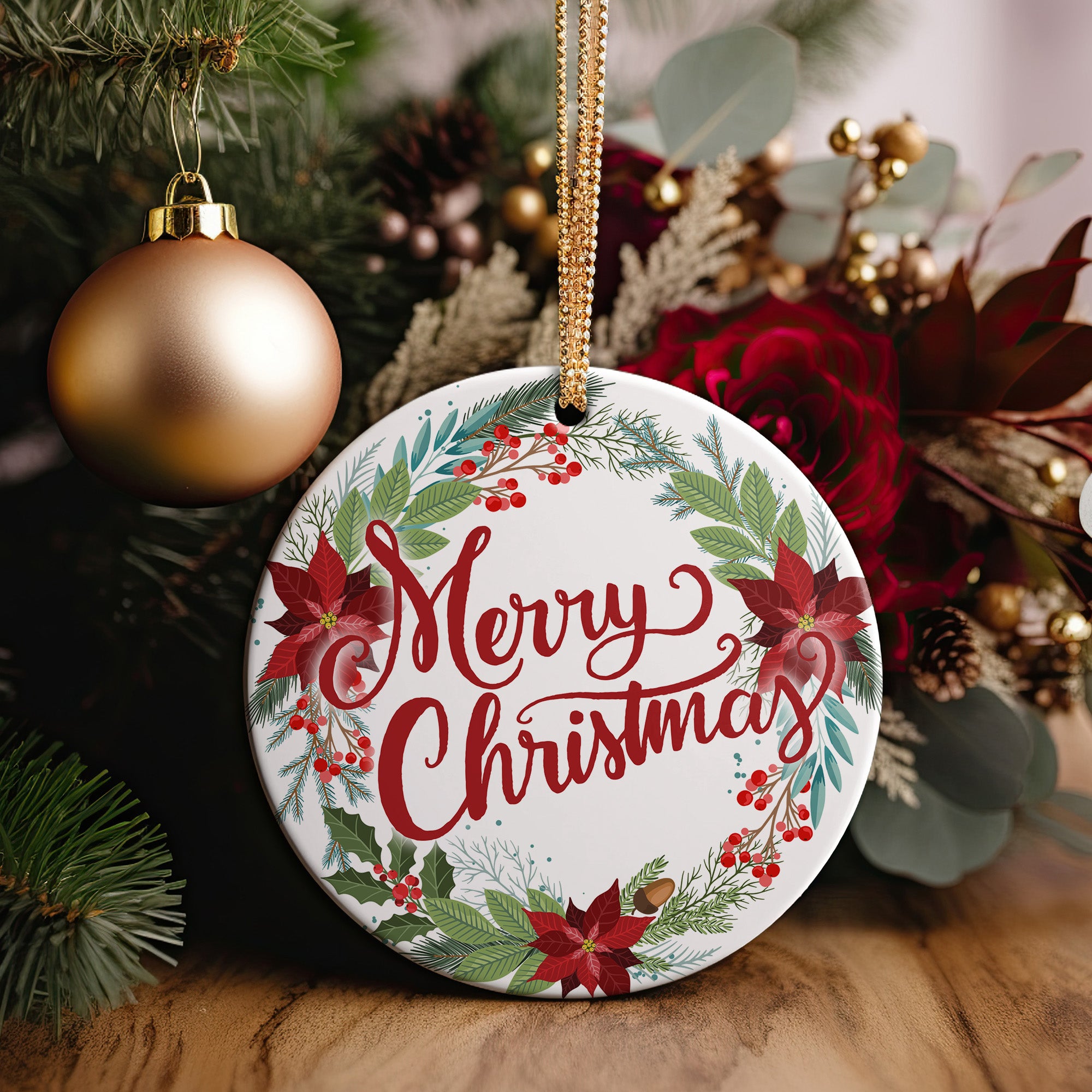 Personalized Merry Christmas Ceramic Ornament with Festive Florals - Perfect Handmade Gift for Loved Ones - Image 2