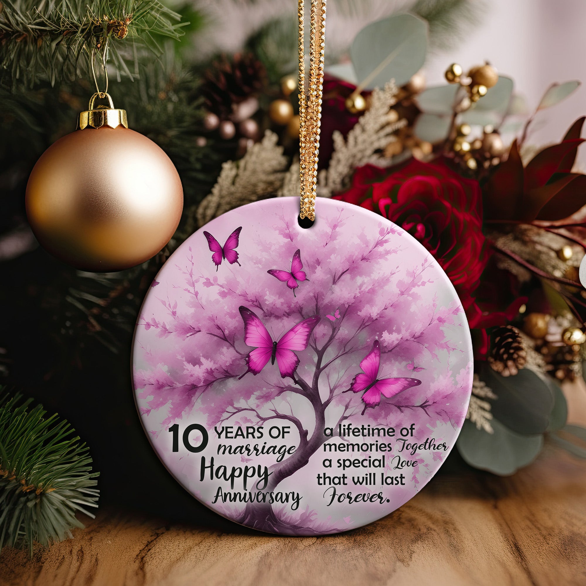 Custom Butterfly Tree 10th Wedding Anniversary Ceramic Ornament – Personalized Keepsake Gift for Couples - Image 2