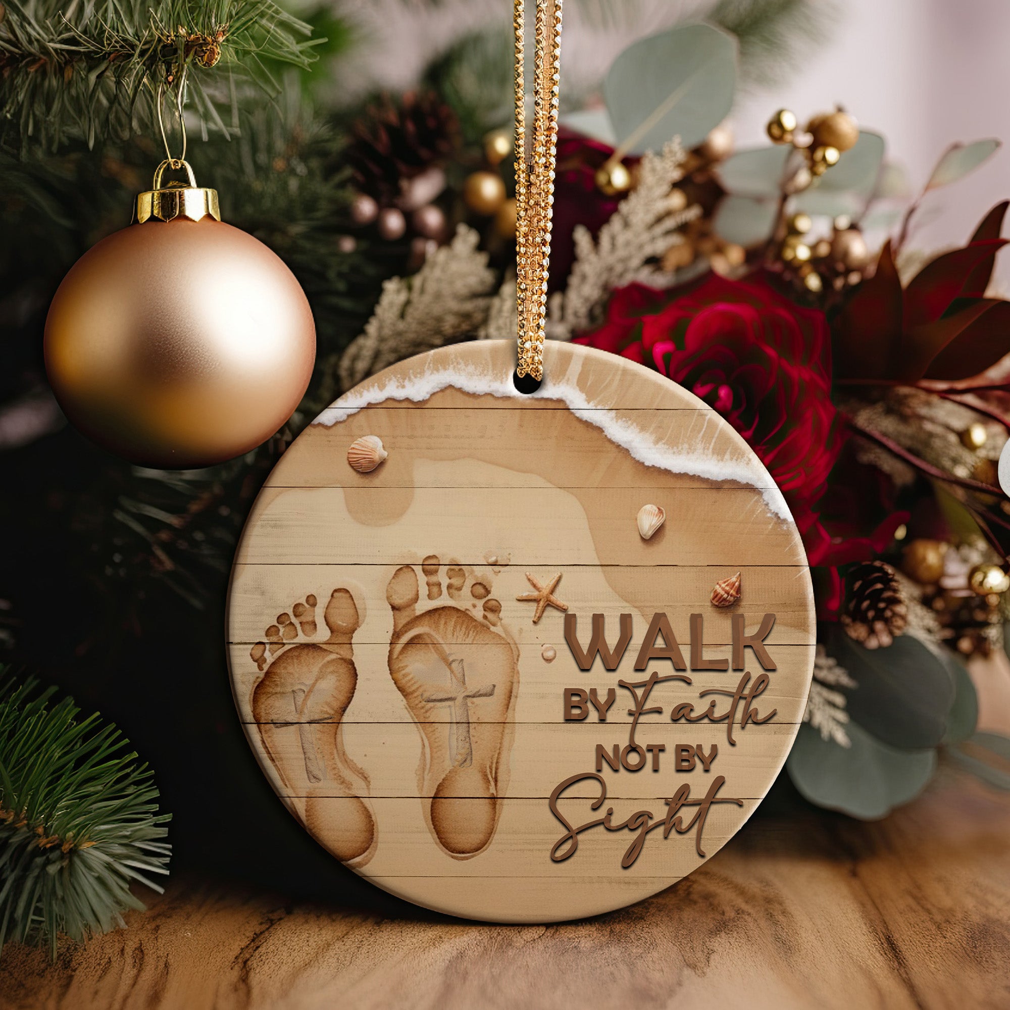 Personalized Footprints in the Sand Ceramic Ornament - "Walk by Faith" Beach Design - Perfect Inspirational Gift - Image 2